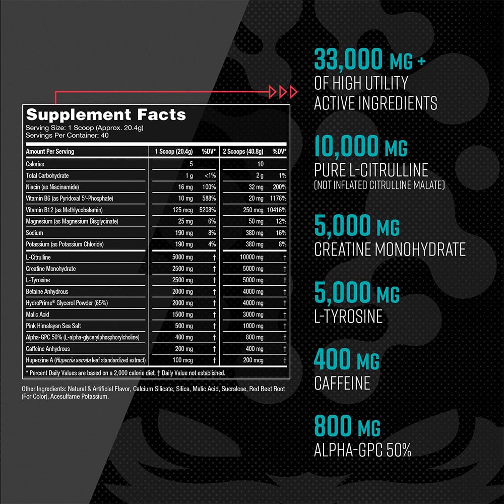 Gorilla Mode Pre Workout - Massive Pumps · Laser Focus · Energy · Power - L-Citrulline, Creatine, L-Tyrosine, Betaine, Hydroprime®, Alpha-GPC, 400mg Caffeine, Huperzine A - 792g (Rocket Frost)