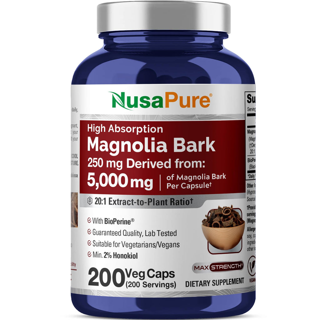 NusaPure Magnolia Bark 20:1 Extract, 250 mg Equivalent to 5,000 mg 200 Vegan Vegetarian Capsules Non-GMO NusaPure Au supplements