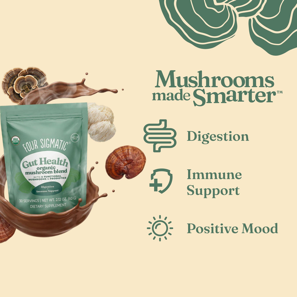 Four Sigmatic Gut Health Mushroom Blend | Organic Mushroom Powder Complex with Turkey Tail, Lion’s Mane, Cordyceps, Chaga, Probiotics and More