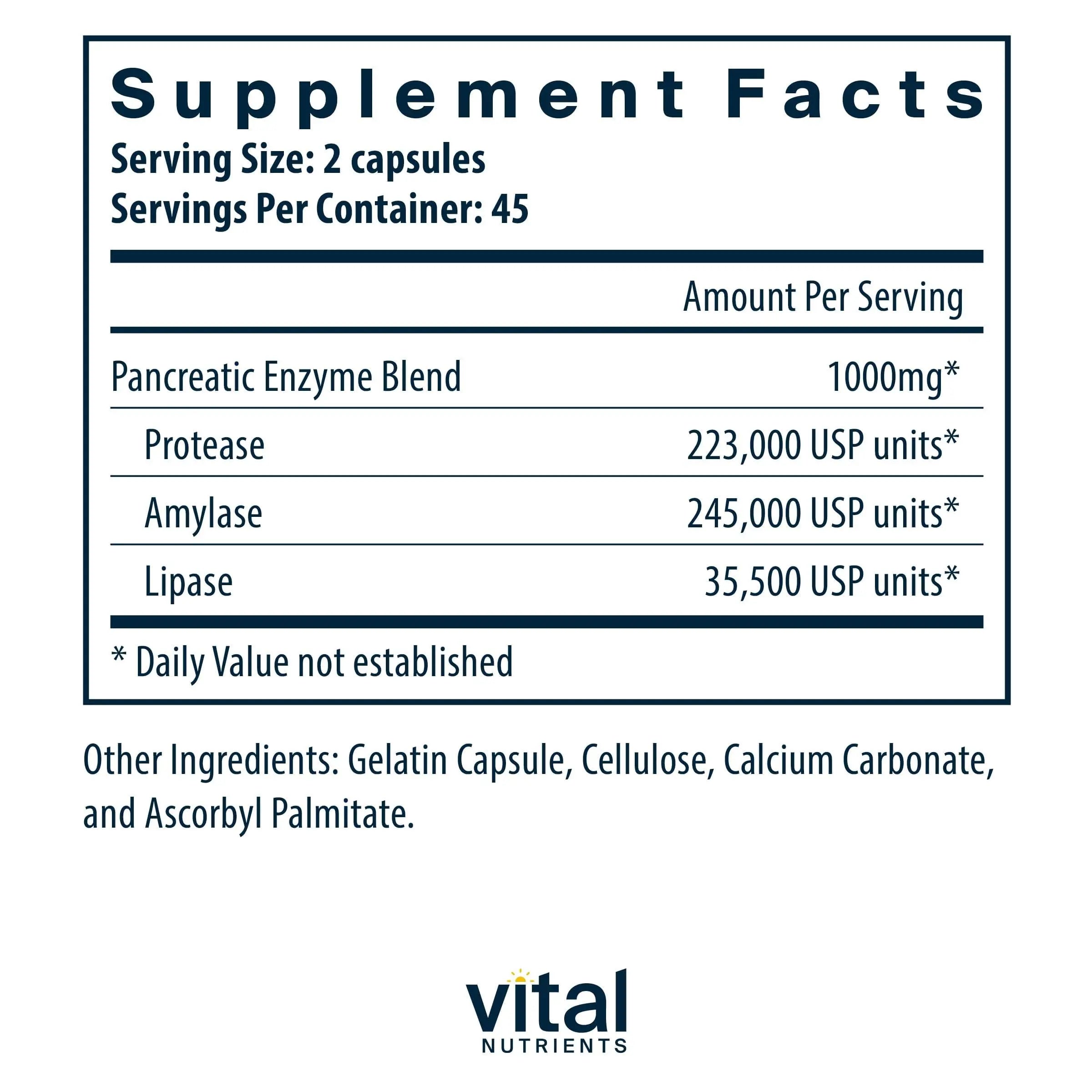 Vital Nutrients Pancreatic Enzymes 1000mg (Full Strength) - Pancreatin Digestion Supplement with Protease, Amylase & Lipase - Digestive Enzymes Vital Nutrients Au supplements