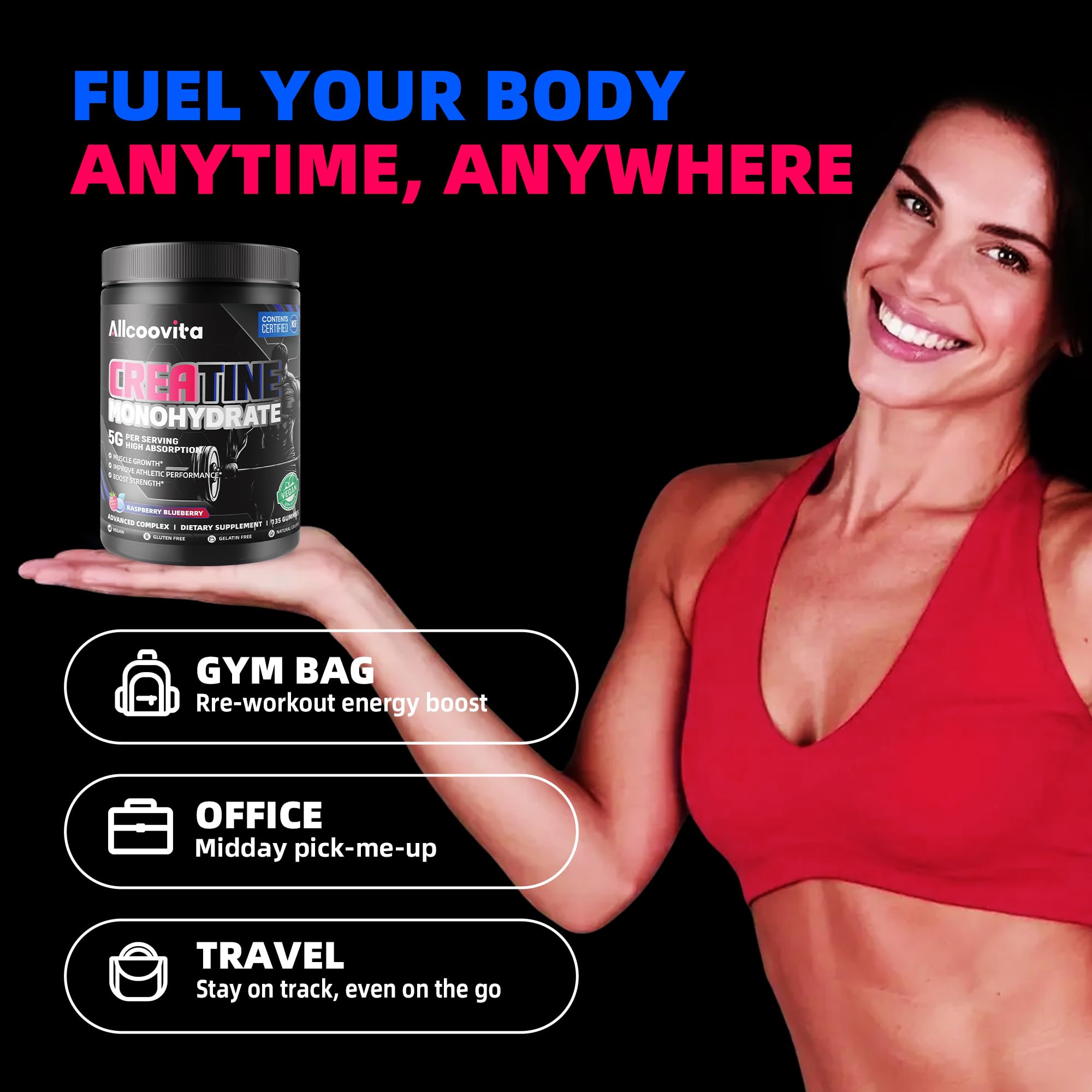 NSF Certified Creatine Gummy 5g - Creatine Monohydrate Gummies for Men & Women. Boost Focus,Strength, and Endurance, Anti-Melting Formula, Vegan, Gluten-Free, Non-GMO,(Raspberry & Blueberry 135 ct) Allcoovita Au supplements
