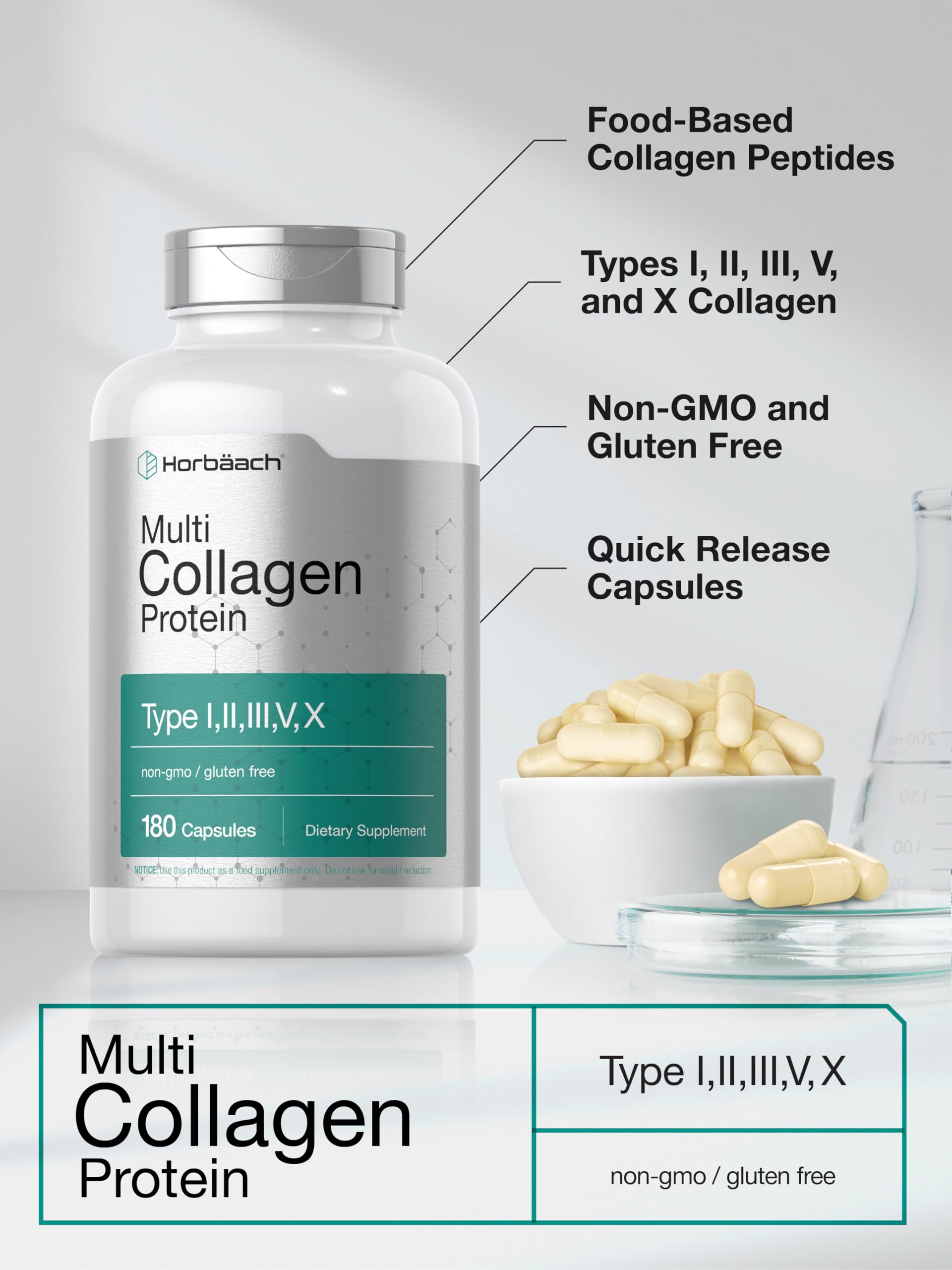 Horbäach Multi Collagen Protein 2000 mg | 180 Capsules | Hydrolyzed Collagen Type I, II, III, V, X | Keto & Paleo Friendly, Non-GMO, Gluten Free Supplement