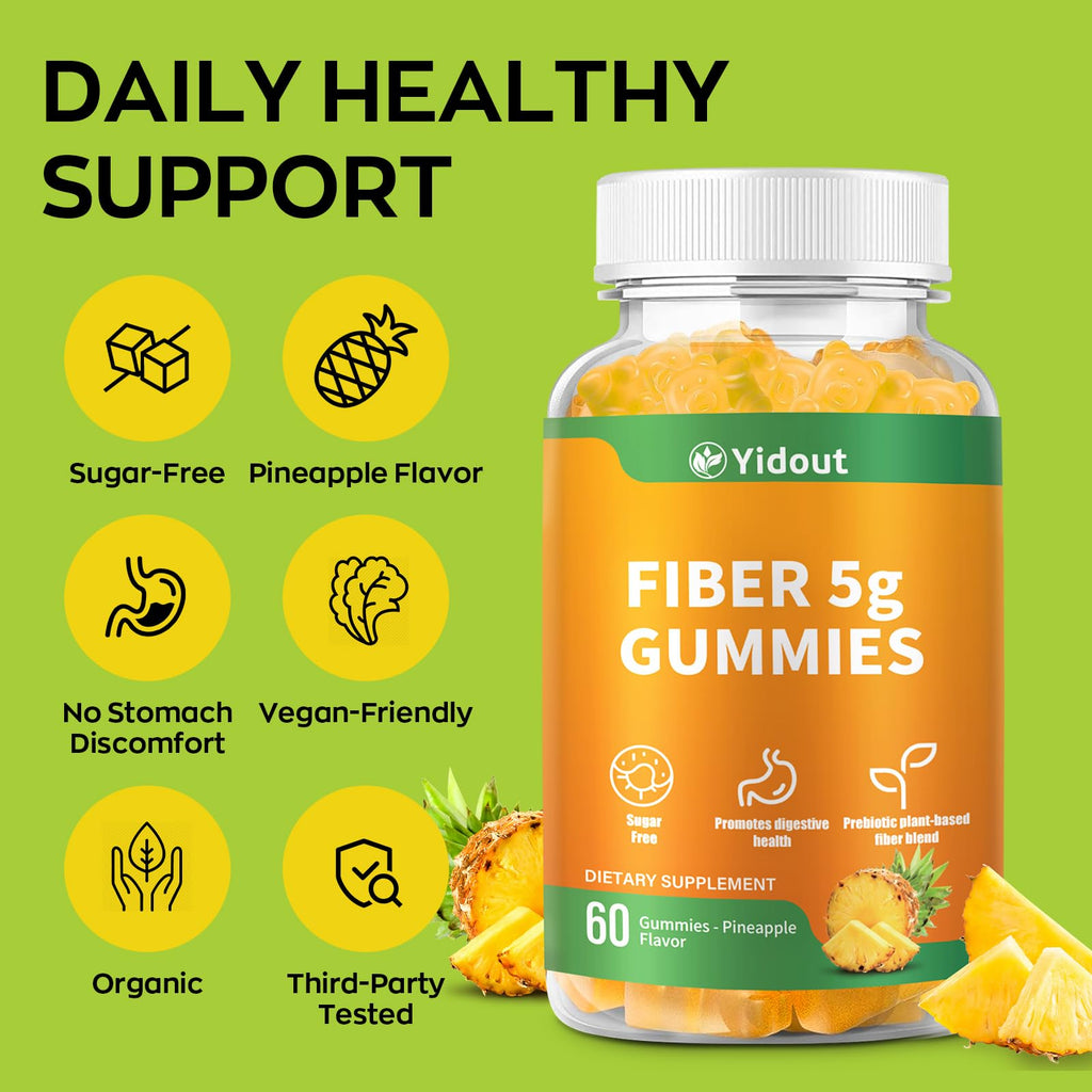 Yidout Fiber Gummies for Adults with Probiotics，No Sugar Added Pineapple Flavor, Promotes Gut Health and Regulate Bowel Movement, Vegan (60 Count（Pack of 1）)