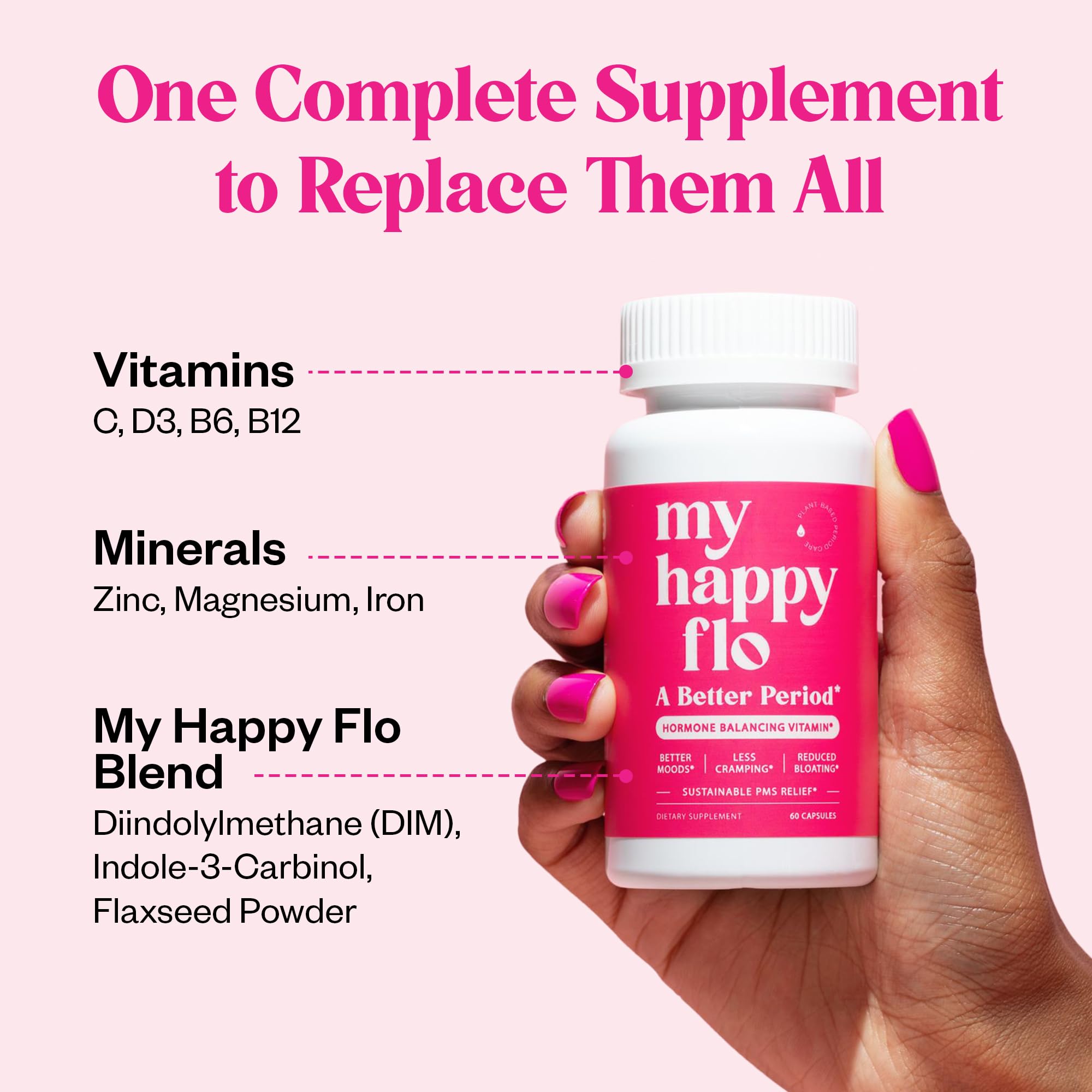 My Happy Flo PMS Support Supplement for Women with Iron, PMS Relief Hormone Support for Women, 10-in-1 PMDD Supplements for Women | DIM & I3C Indole-3-Carbinol for Cramp Relief, Heavy Flow - 60 Caps My Happy Flo Au supplements