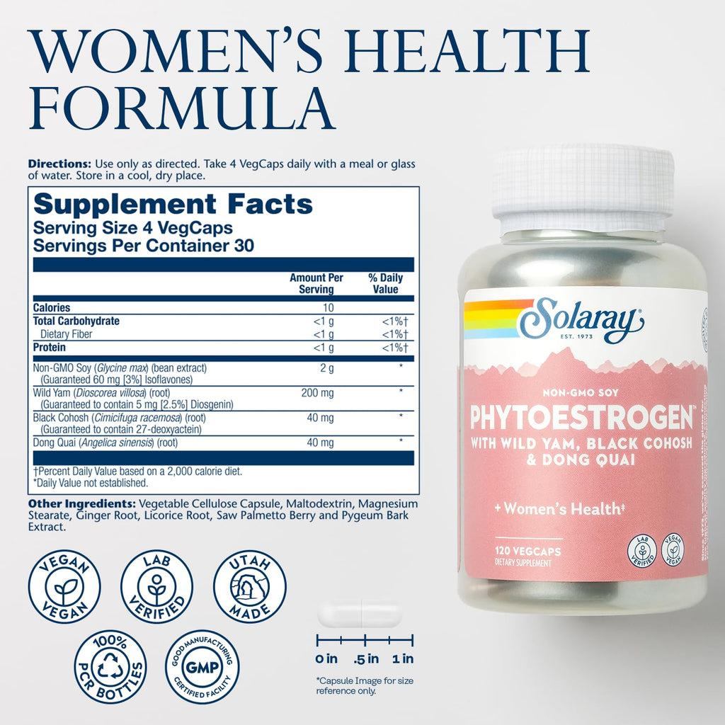 SOLARAY PhytoEstrogen Menopause Supplements - Wild Yam, Black Cohosh, and Dong Quai Estrogen Pills for Women's Health - Vegan, Lab Verified, 60-Day Guarantee (30 Servings, 120 VegCaps) SOLARAY Au supplements