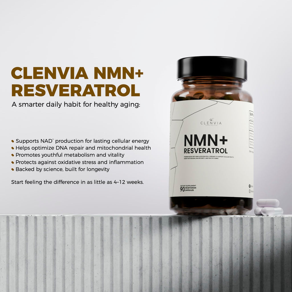CLENVIA Premium NMN Supplement with Resveratrol – High Potency NAD+ Support Formula – >99.7% Purity – Third-Party Tested – Made in USA – 500mg Nicotinamide + 100mg Resveratrol – 90 Capsules CLENVIA Au supplements