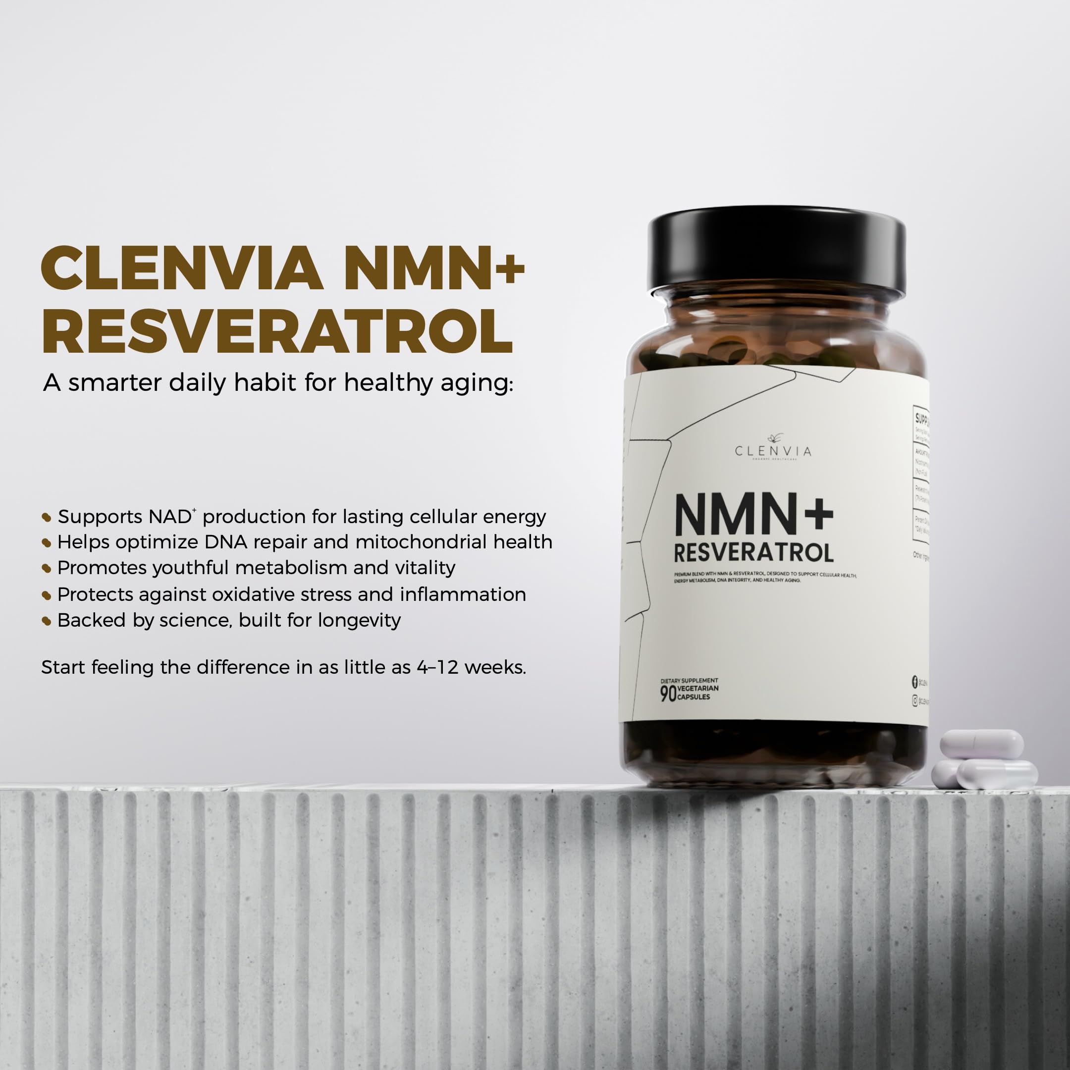 CLENVIA Premium NMN Supplement with Resveratrol – High Potency NAD+ Support Formula – >99.7% Purity – Third-Party Tested – Made in USA – 500mg Nicotinamide + 100mg Resveratrol – 90 Capsules CLENVIA Au supplements