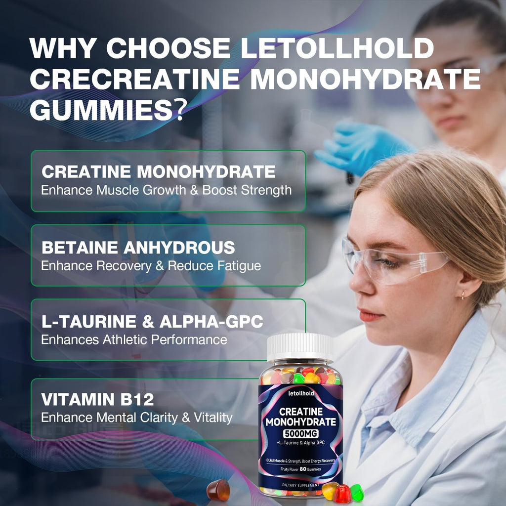 Creatine Monohydrate Gummies 5g for Women & Men - Creatine Gummies for Women Pre Workout Chewables with L-Taurine & Alpha GPC, Sugar-Free Muscle Builder, Energy Boost, Vegan Non-GMO (160 Count) letollhold Au supplements