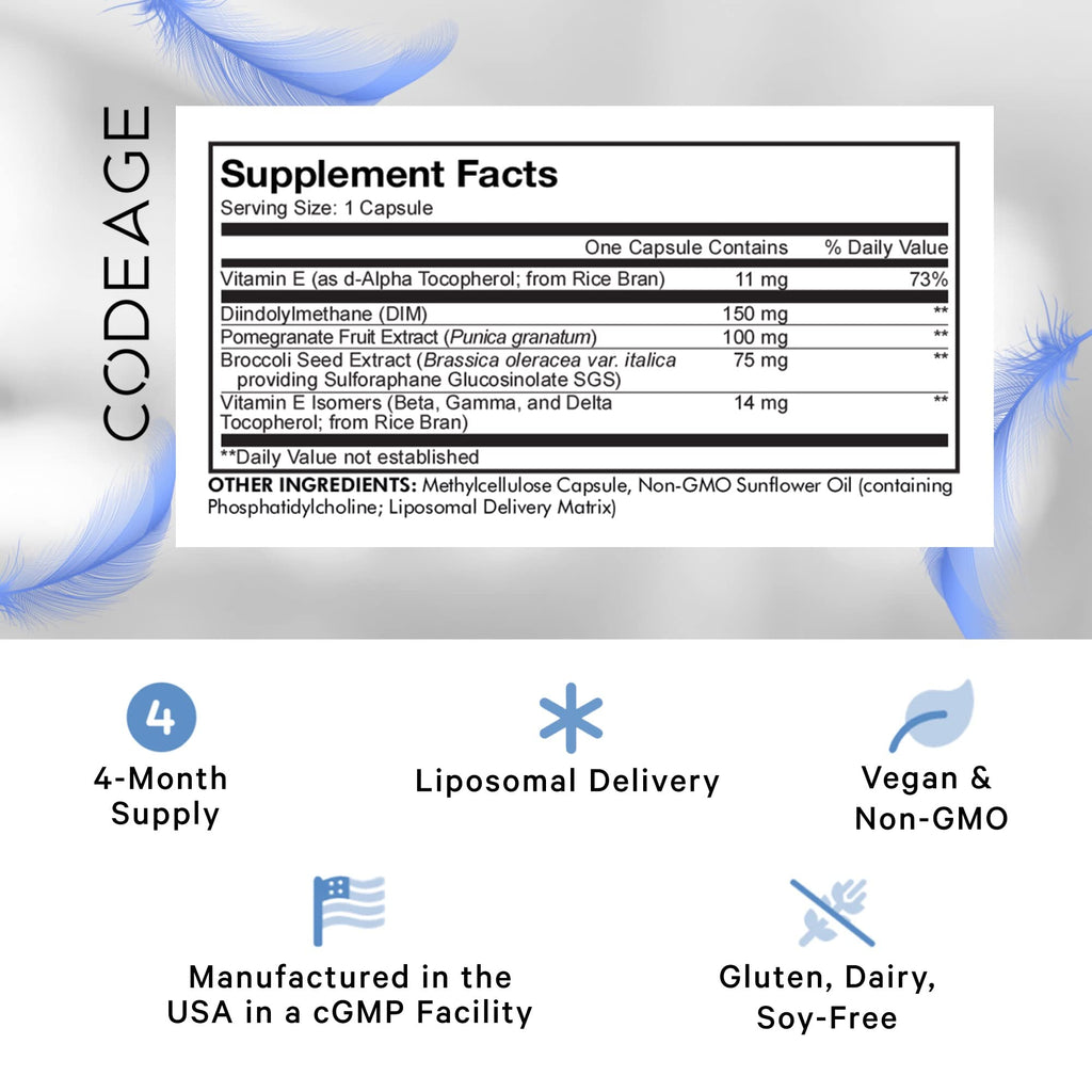 Codeage Liposomal DIM Supplement - 4 Months Supply of DIM Vitamins and SGS, Pomegranate, Broccoli, Vitamin E Isomers Tocopherols Alpha Beta Gamma Delta - Liposomal Formula - Gluten-Free - 120 Capsules Codeage Au supplements