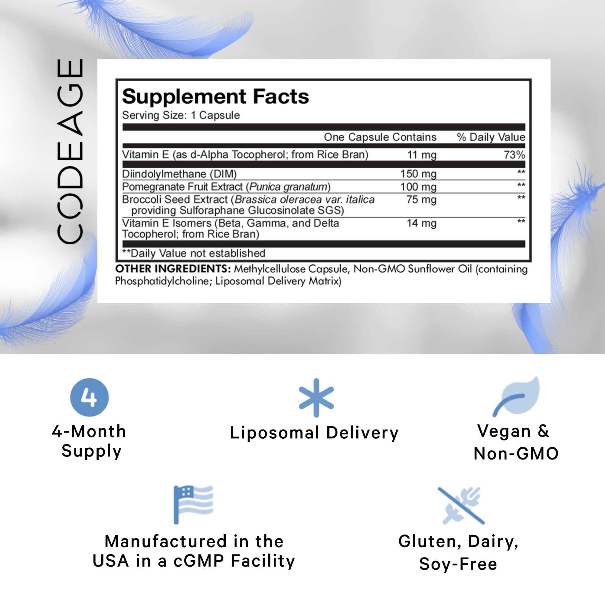 Codeage Liposomal DIM Supplement - 4 Months Supply of DIM Vitamins and SGS, Pomegranate, Broccoli, Vitamin E Isomers Tocopherols Alpha Beta Gamma Delta - Liposomal Formula - Gluten-Free - 120 Capsules Codeage Au supplements