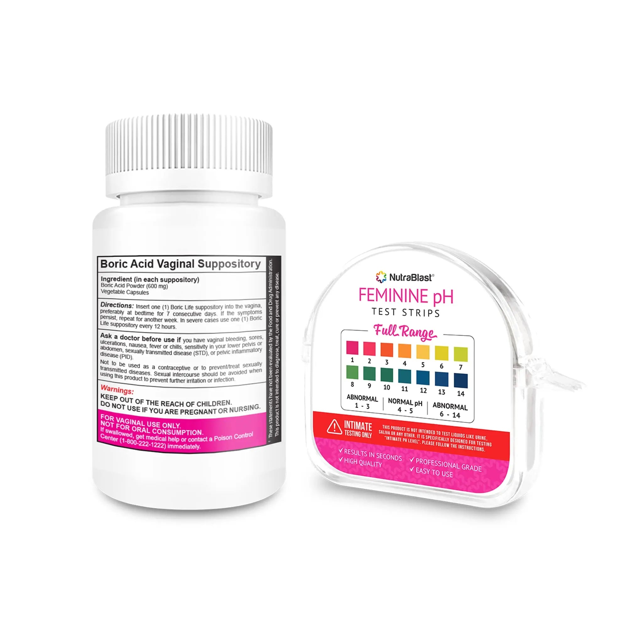 NutraBlast Boric Acid Vaginal Suppositories 600mg (30 Count) & Feminine pH Test Strips 1-14 (100-Tests Roll) NutraBlast Au supplements