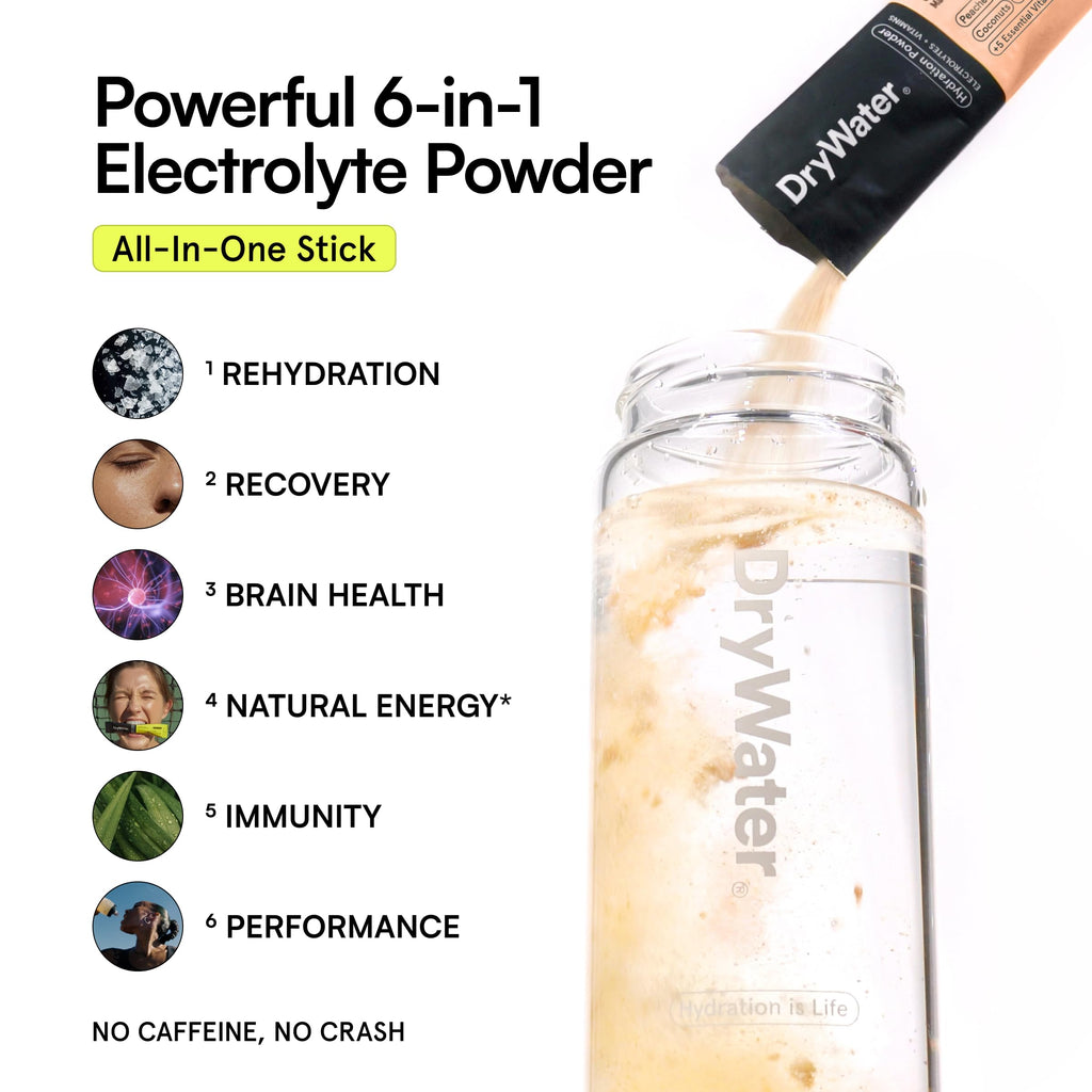 DryWater Electrolyte Powder Packets, Peach Mango - Hydration Packets Drink Mix with Zero Added Sugar for Rehydration & Energy - 6 Key Electrolytes