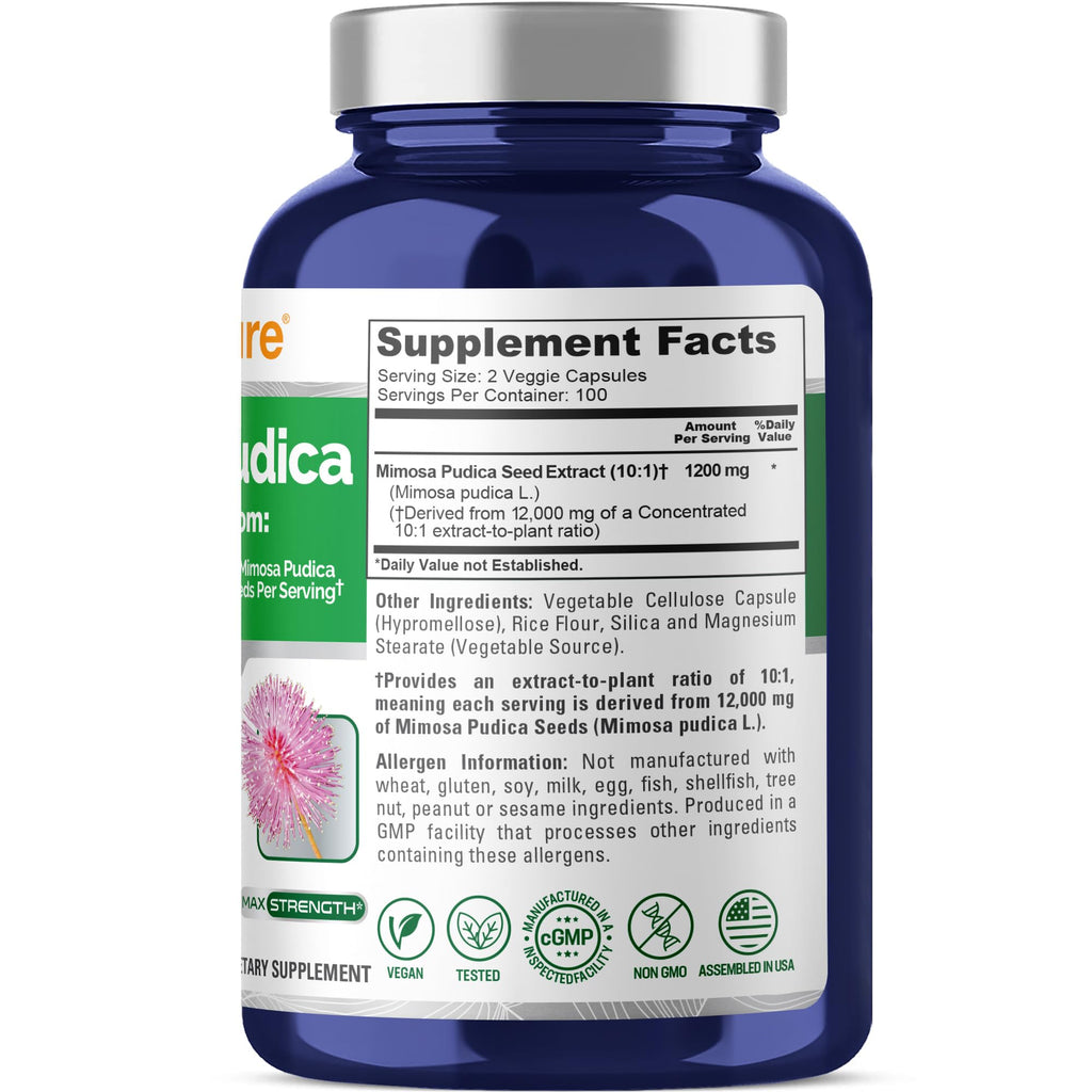 NusaPure Mimosa Pudica Seed 10:1 Extract, 1200 mg Equivalent to 12,000 mg 200 Veg Capsules (Non-GMO, Vegan) NusaPure Au supplements