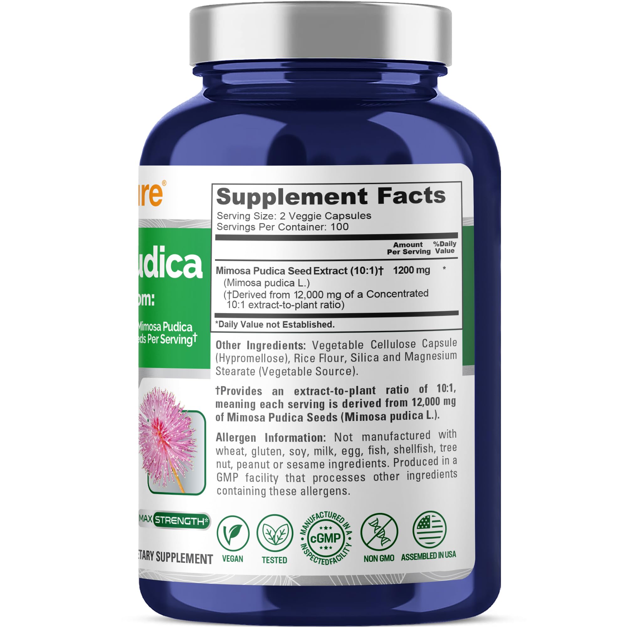 NusaPure Mimosa Pudica Seed 10:1 Extract, 1200 mg Equivalent to 12,000 mg 200 Veg Capsules (Non-GMO, Vegan) NusaPure Au supplements