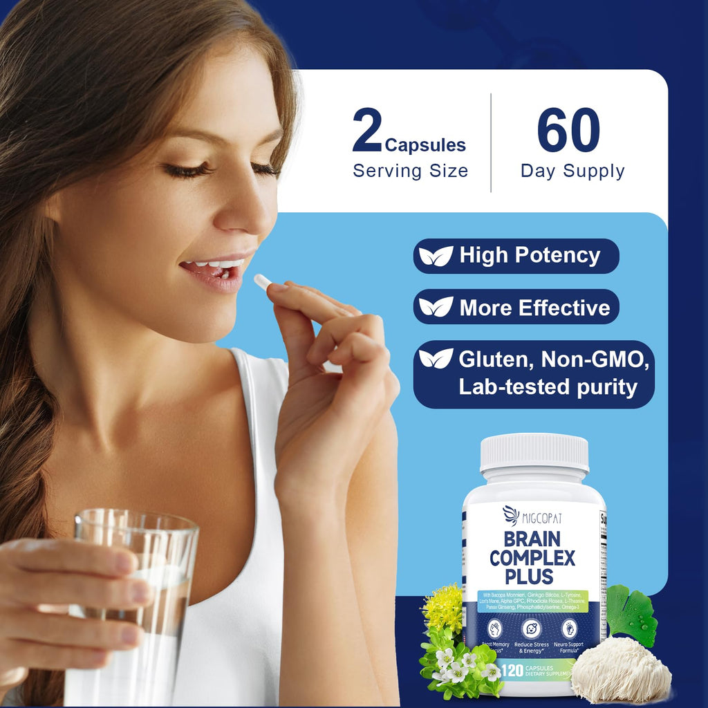 Brain Supplements for Memory & Focus - Nootropic with Bacopa Monnieri, Lion's Mane, Alpha GPC, Phosphatidylserine | Supports Mental Clarity & Cognitive Function | Vitamin B6 & B12-120 Capsules Migcopat Au supplements