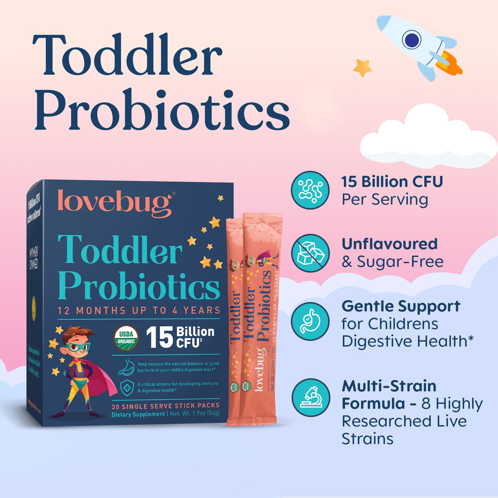 LOVEBUG Kids Probiotic Powder with Prebiotic Fiber - Toddler Immunity Support & Constipation Relief - USDA Organic Probiotics for Childrens Gut & Digestive Health