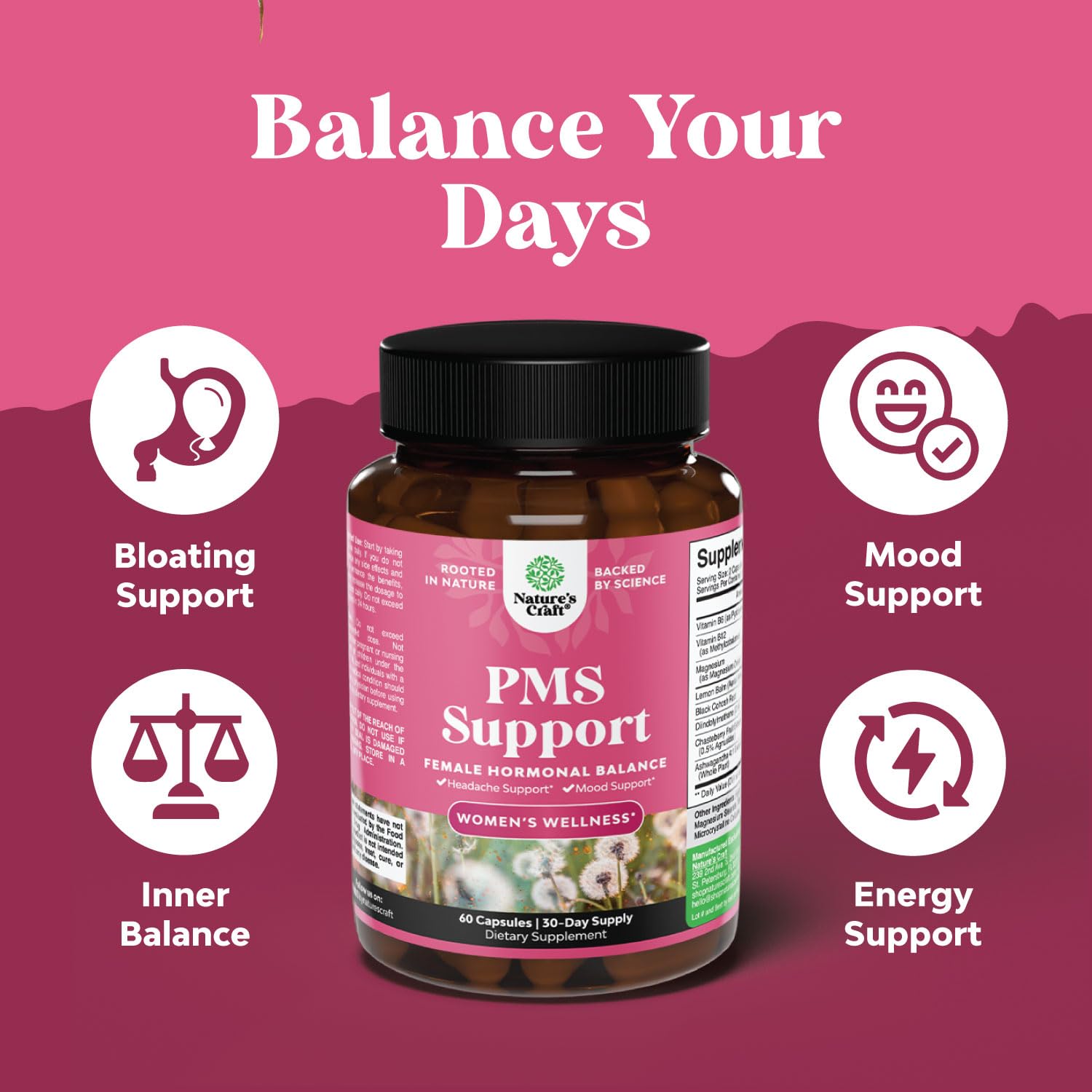 PMS Support Supplement for Women – Hormone Balance for Women & Menstrual Discomfort with DIM, Chasteberry, Black Cohosh & Ashwagandha - for Period Cramps Ease, Menopause Bloating, Mood Swing – 60 Ct Natures Craft Au supplements