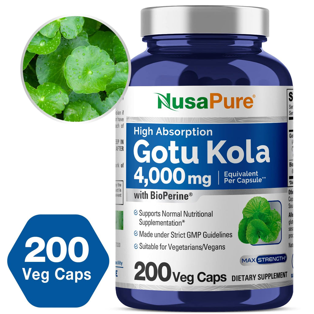 NusaPure Gotu Kola Capsules 20:1 Extract, 200 mg Equivalent to 4000mg Per Veggie Caps, 200 Count, Non-GMO, Vegan, Bioperine - Traditional Herb Extract NusaPure Au supplements