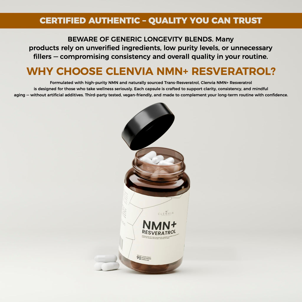 CLENVIA Premium NMN Supplement with Resveratrol – High Potency NAD+ Support Formula – >99.7% Purity – Third-Party Tested – Made in USA – 500mg Nicotinamide + 100mg Resveratrol – 90 Capsules CLENVIA Au supplements