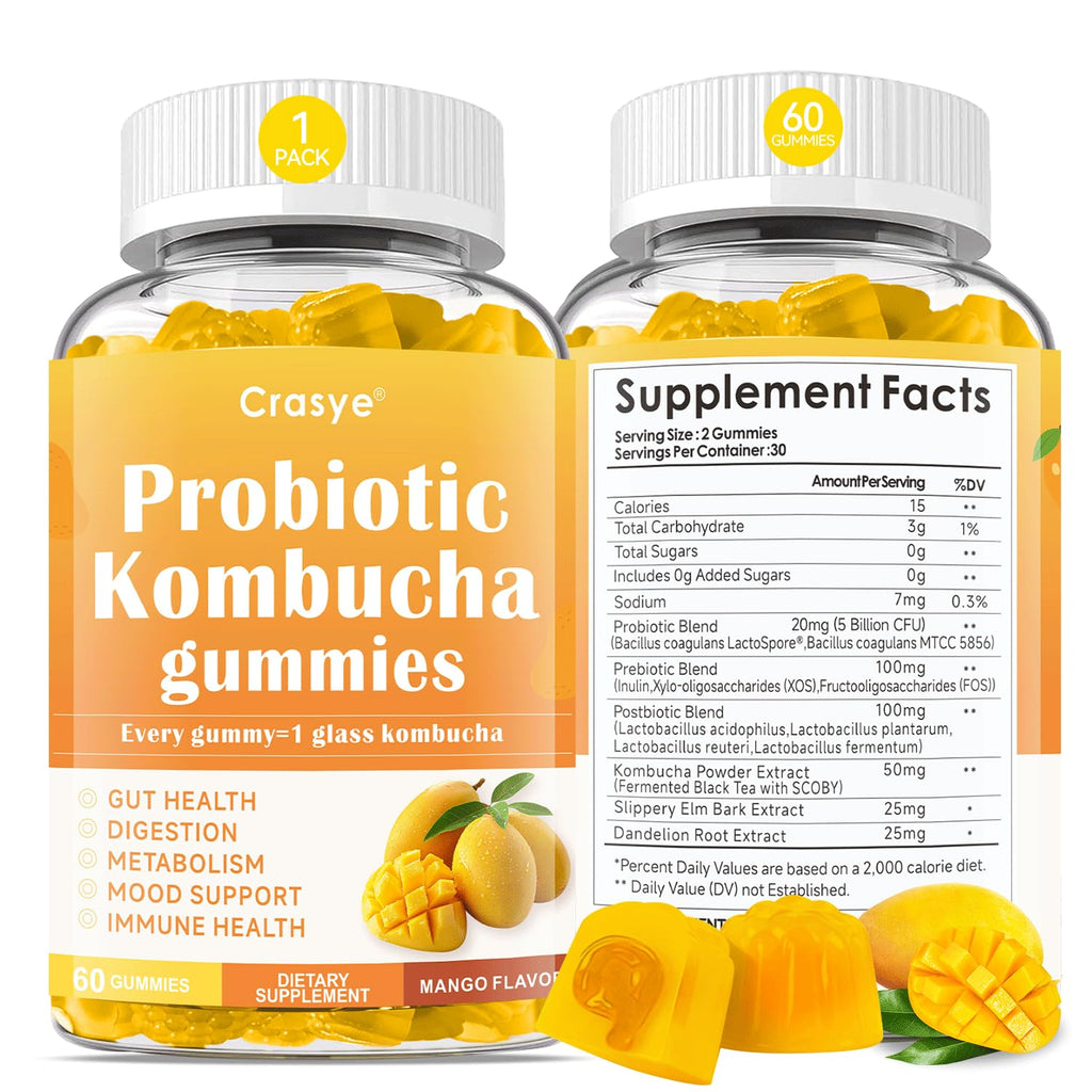 Crasye Probiotic Kombucha Gummies Sugar Free Prebiotic Postbiotic Probiotics Gummies with Slippery Elm for Women and Men Bloating Gut Health Immune and Digestive Support - 60 Gummies - 30 Servings Crasye Au supplements