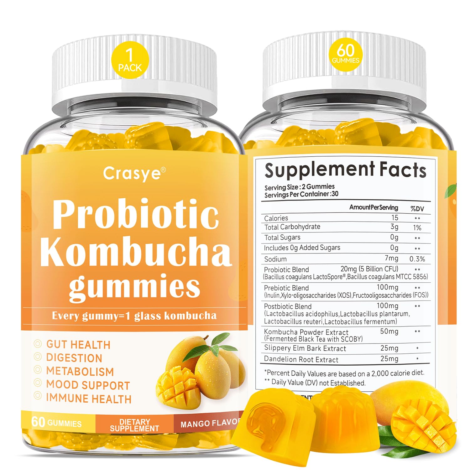 Crasye Probiotic Kombucha Gummies Sugar Free Prebiotic Postbiotic Probiotics Gummies with Slippery Elm for Women and Men Bloating Gut Health Immune and Digestive Support - 60 Gummies - 30 Servings Crasye Au supplements