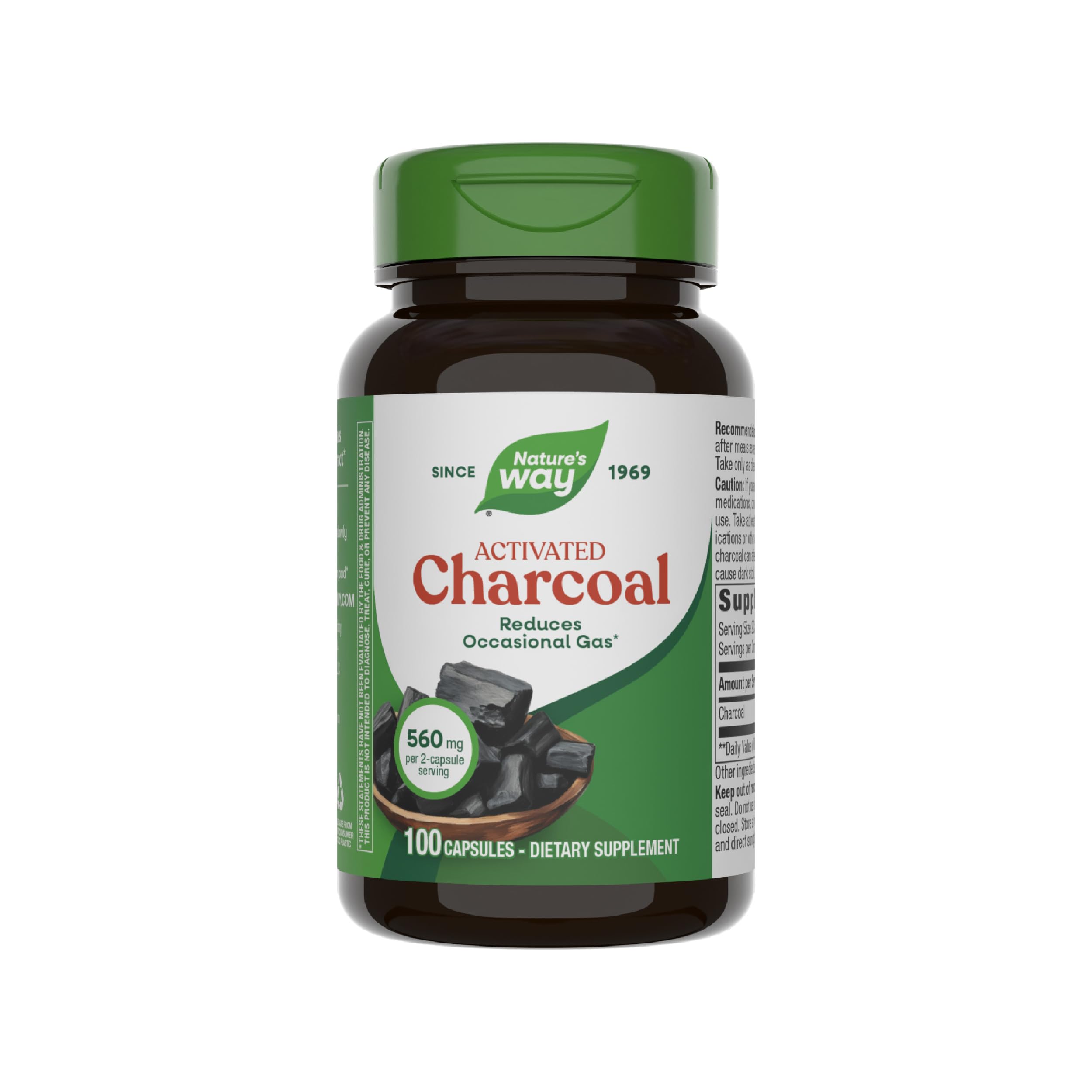 Nature's Way Activated Charcoal, Binds Unwanted Materials and Gas in the Digestive Tract*, 560 mg per 2-Capsule Serving,