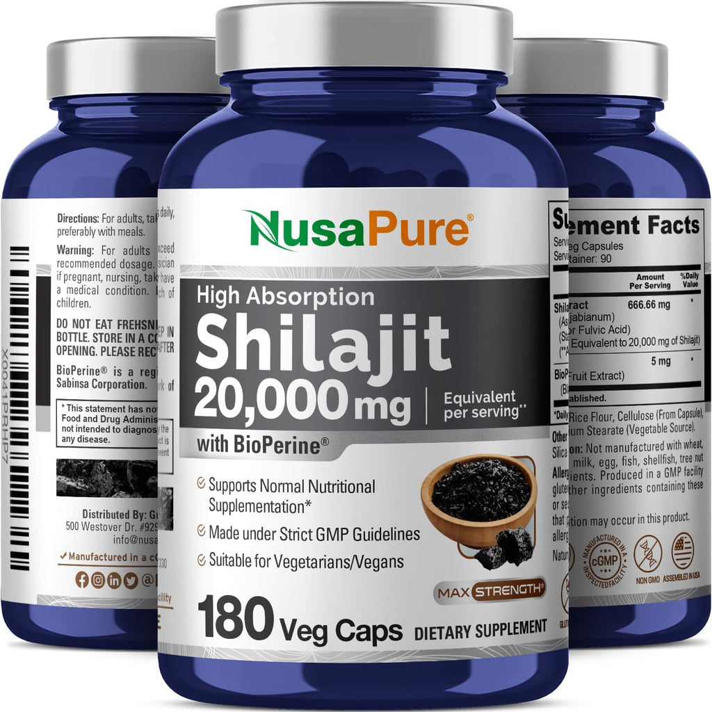 NusaPure Shilajit 20,000mg per Serving, 180 Veggie Caps, Non-GMO, Gluten Free, Bioperine NusaPure Au supplements