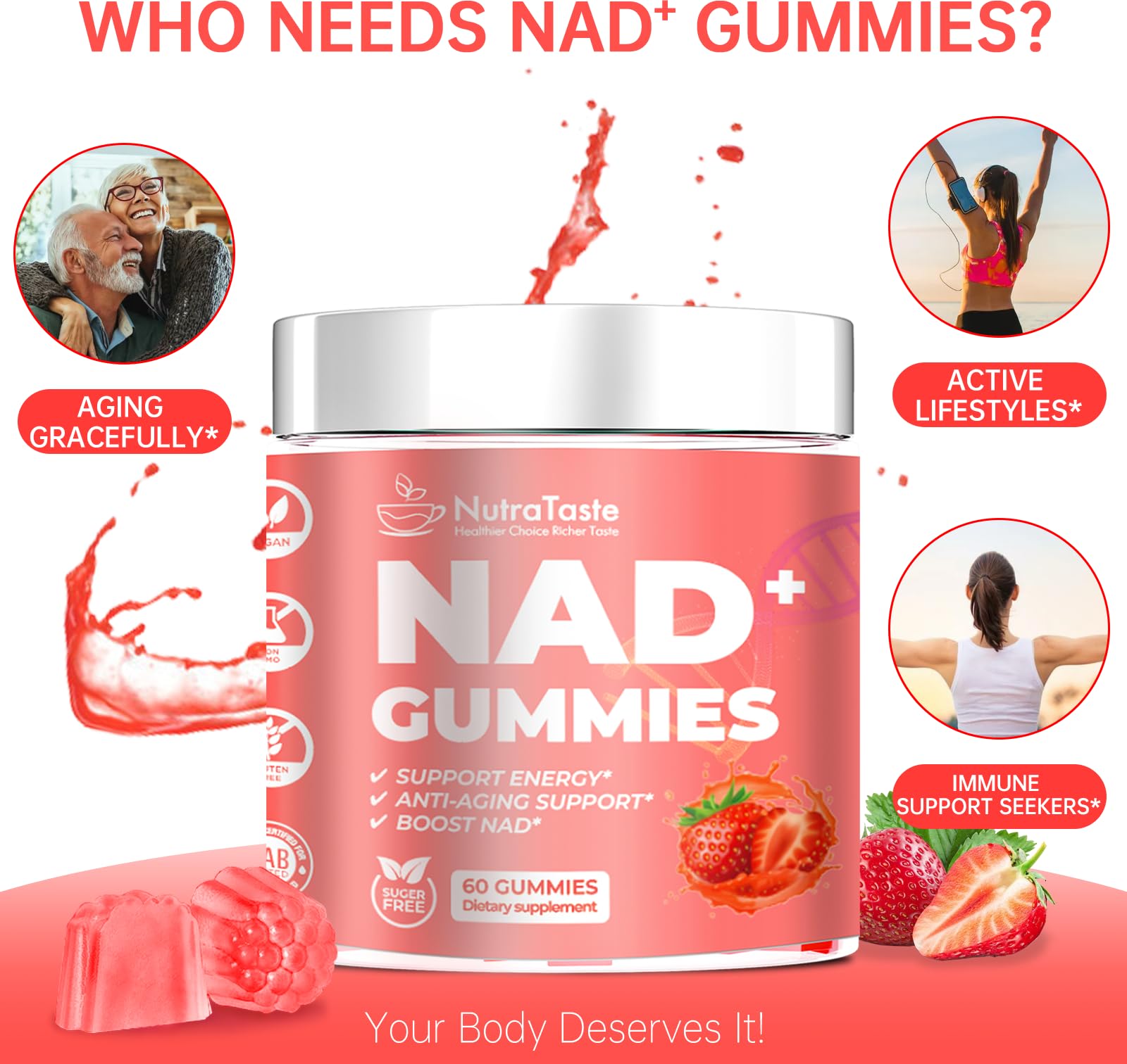 NUTRATASTE HEALTHIER CHOICE RICHER TASTE NAD⁺ Gummies Supplement for Anti-Aging, Energy & Focus Boost | Resveratrol, Nicotinamide Riboside | Strawberry Flavor, Vegan, Sugar-Free,60 Count (Pack of 1) NUTRATASTE HEALTHIER CHOICE RICHER TASTE Au supplements