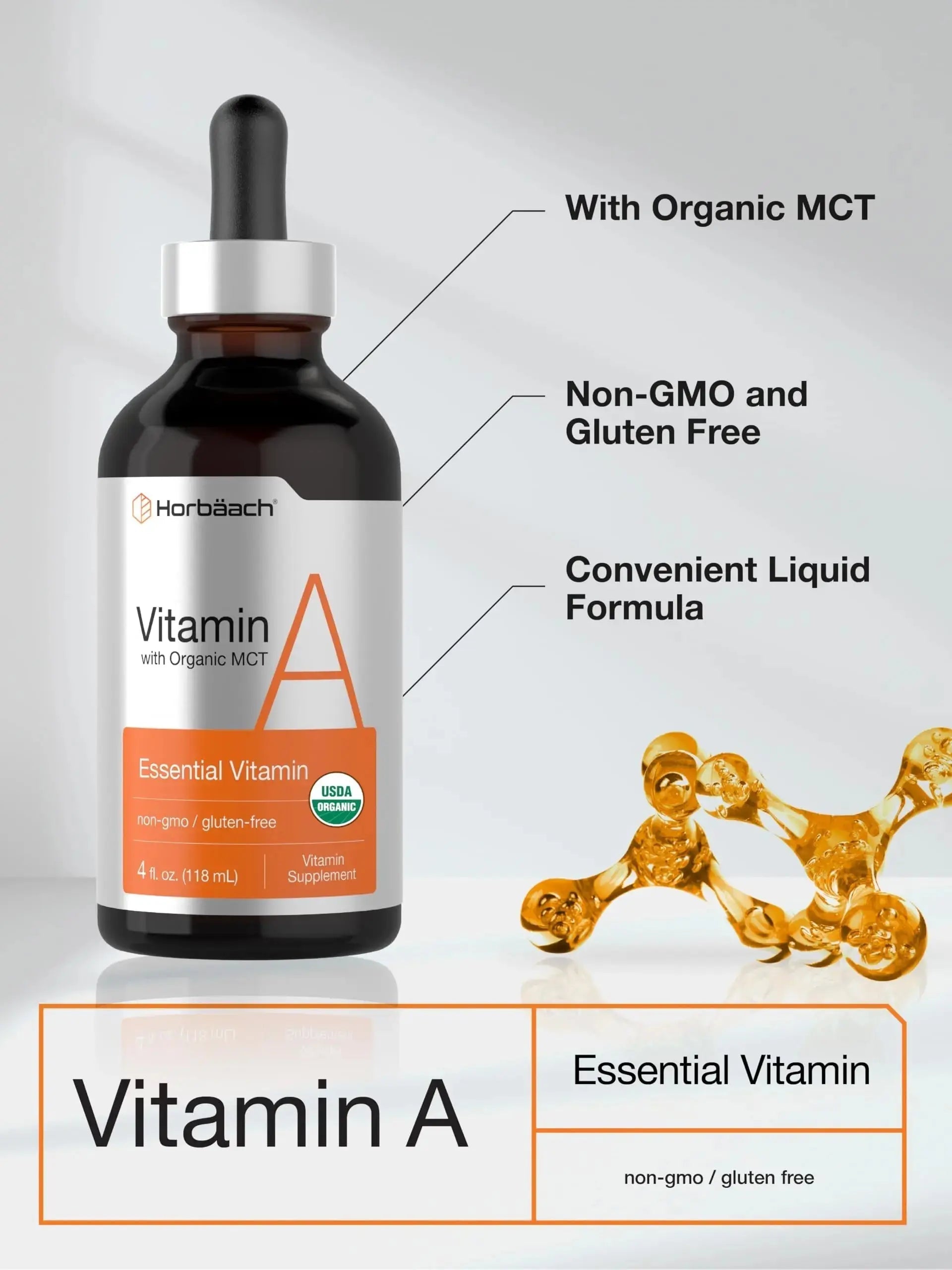 Horbäach Vitamin A Liquid | 4 fl oz | Supplement with Organic Fractionated Coconut Oil | Non-GMO, Gluten Free Horbäach Au supplements