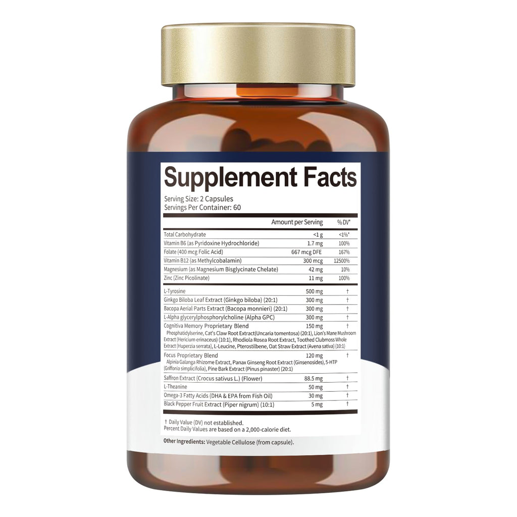 Totara Brain Supplements for Memory and Focus丨Non-Caffeinated Energy with L-Tyrosine, Alpha GPC, Ginkgo Biloba, Bacopa Monnieri, Saffron – Gluten Free, Non-GMO for Neuro & Brain Health (120 Counts) Totaria Au supplements