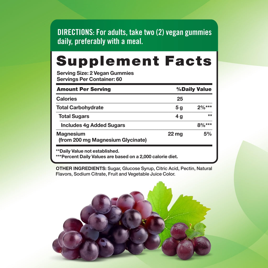 Nature's Truth Magnesium Glycinate Gummies for Adults | 200mg | 120 Count | Grape Flavor | Vegan, Non-GMO & Gluten Free Supplement