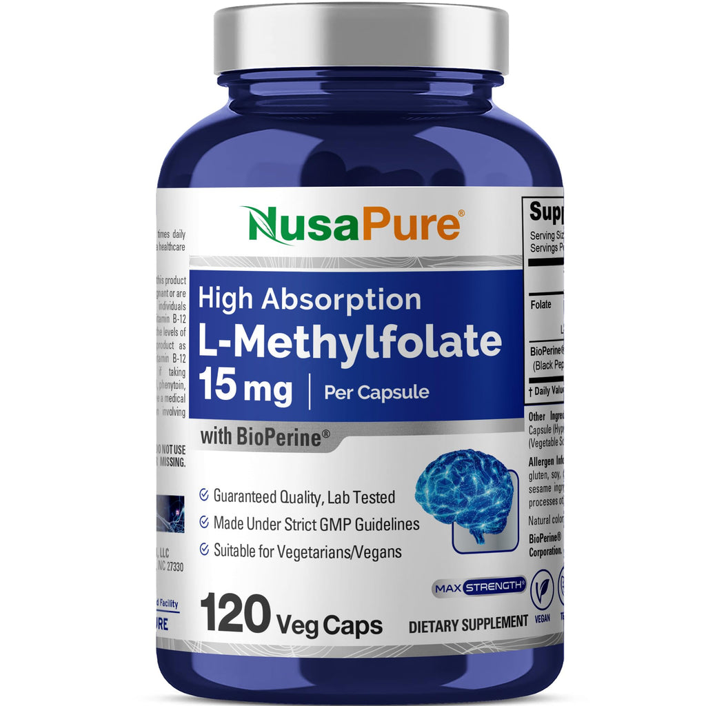 NusaPure L Methylfolate 15mg, 120 Veggie Capsules, Bioperine & Vegan NusaPure Au supplements