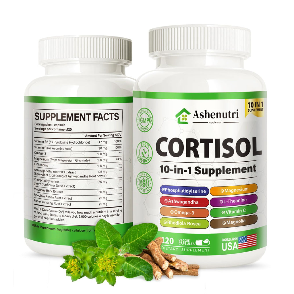 Ashenutri 10-in-1 Cortisol Supplement with Magnesium,Ashwagandha,Rhodiola Rosea,L Theanine,Hormone Balance for Women 120 Vegan Capsules Ashenutri Au supplements