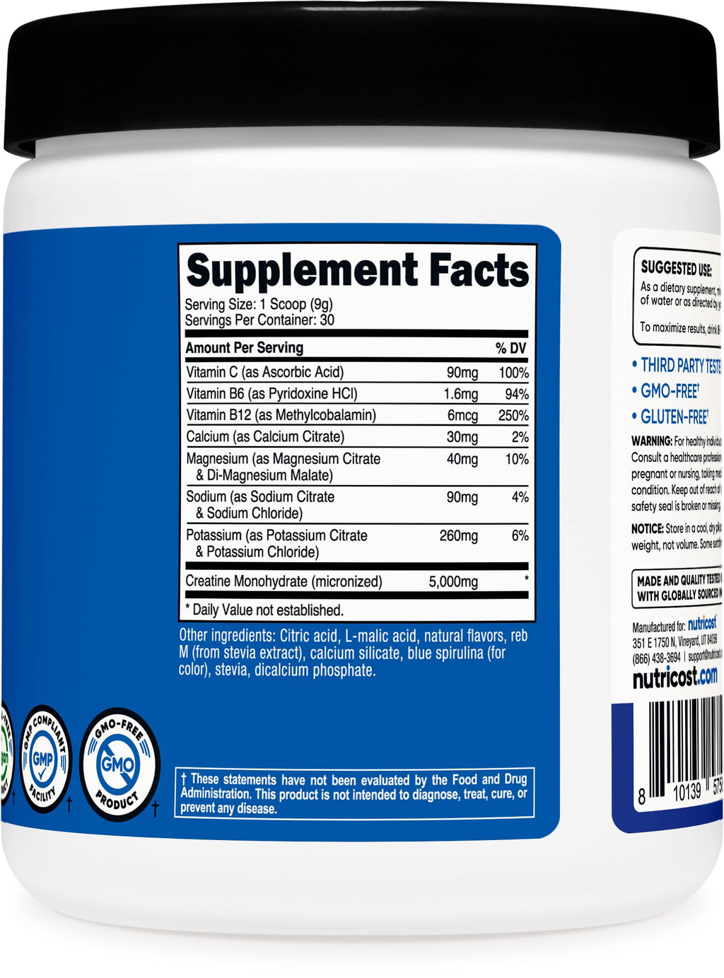 Nutricost Creatine Monohydrate + Hydration Blue Raspberry Flavored (30 Servings) - 7 Vitamins & Minerals, 5000mg of Creatine Per Serving Nutricost Au supplements