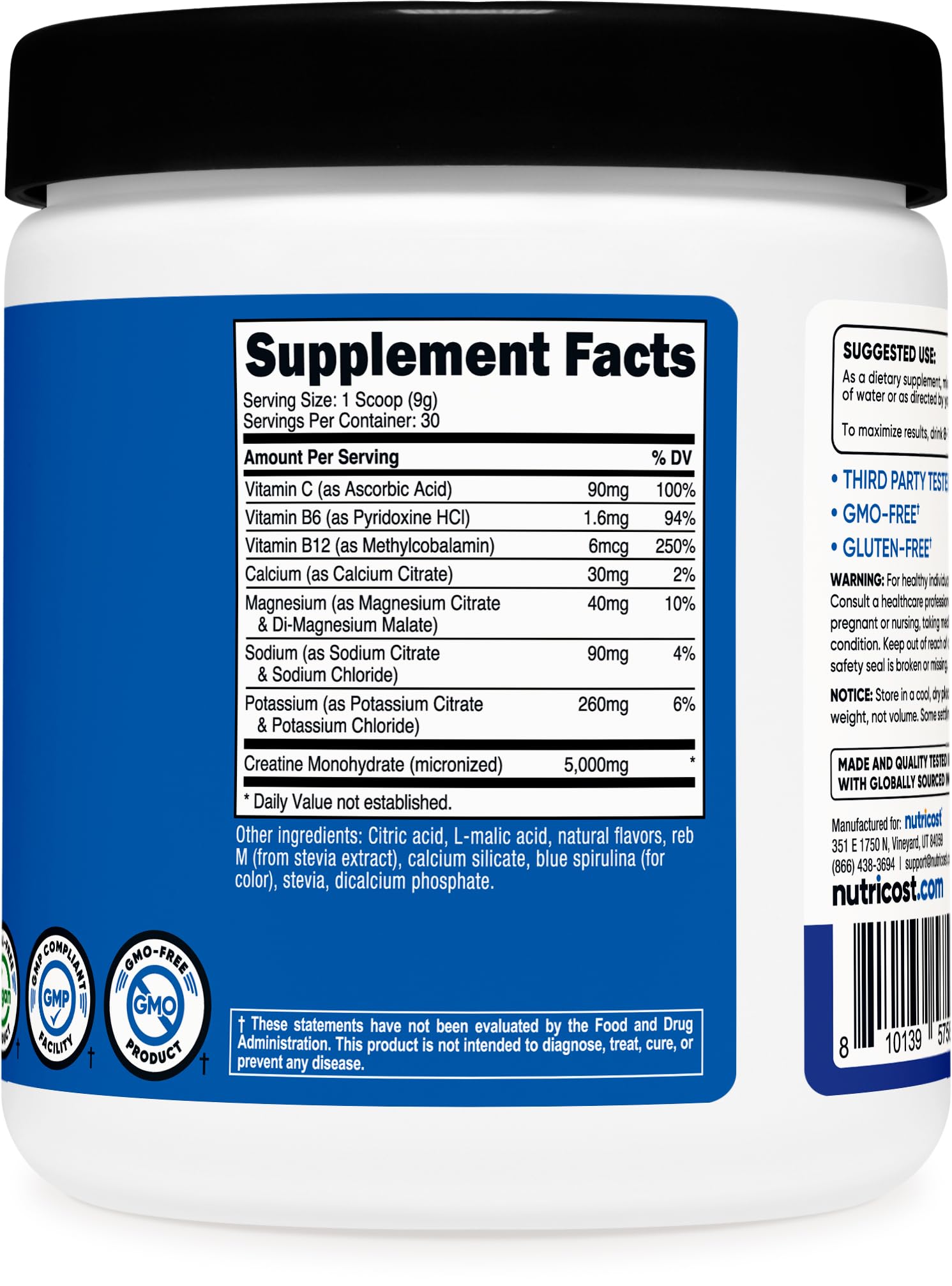 Nutricost Creatine Monohydrate + Hydration Blue Raspberry Flavored (30 Servings) - 7 Vitamins & Minerals, 5000mg of Creatine Per Serving Nutricost Au supplements