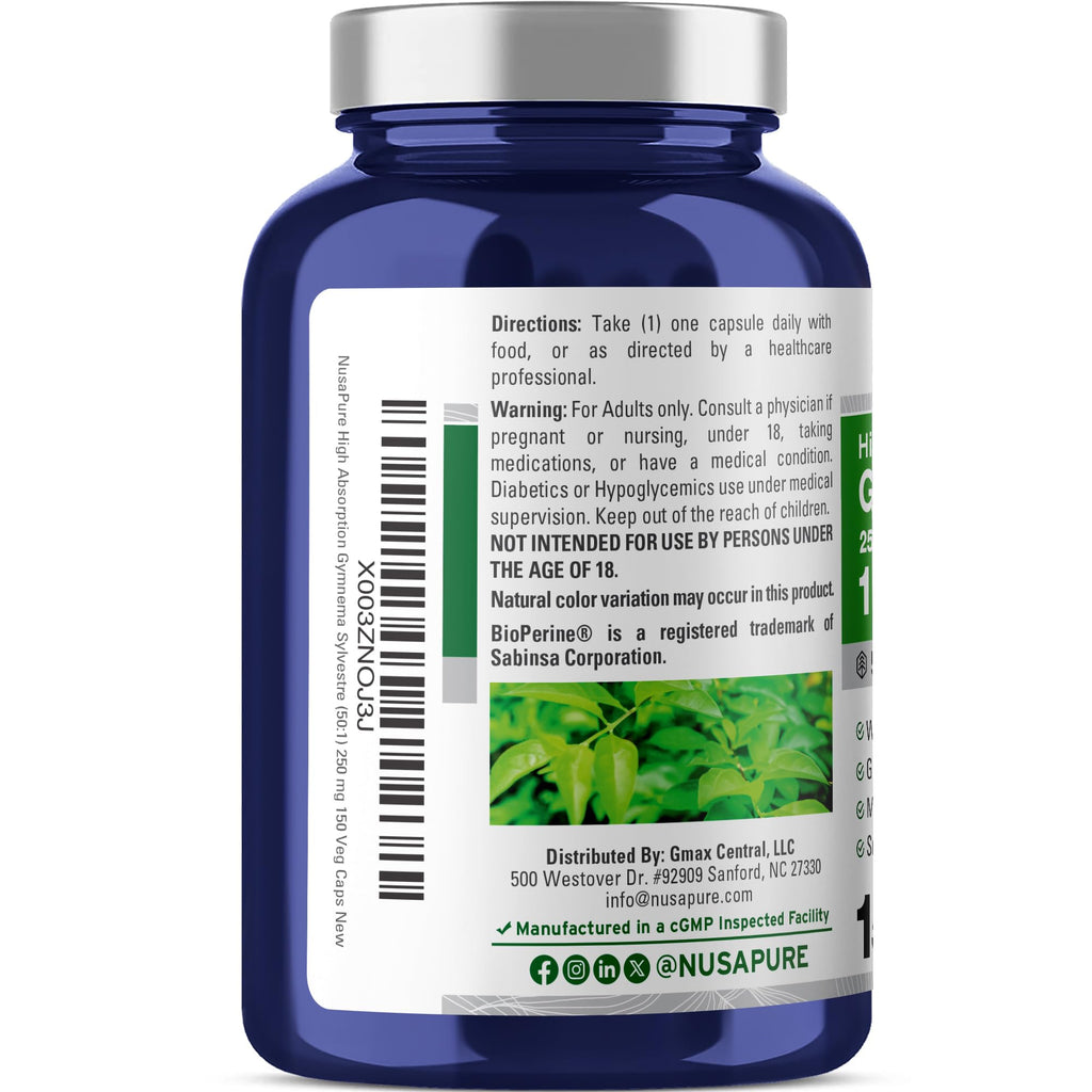 NusaPure Gymnema Sylvestre 50:1 Extract, 250 mg Equivalent to 12,500mg Per Vegan Caps - 150 Count (Non-GMO, Vegan, Bioperine) NusaPure Au supplements