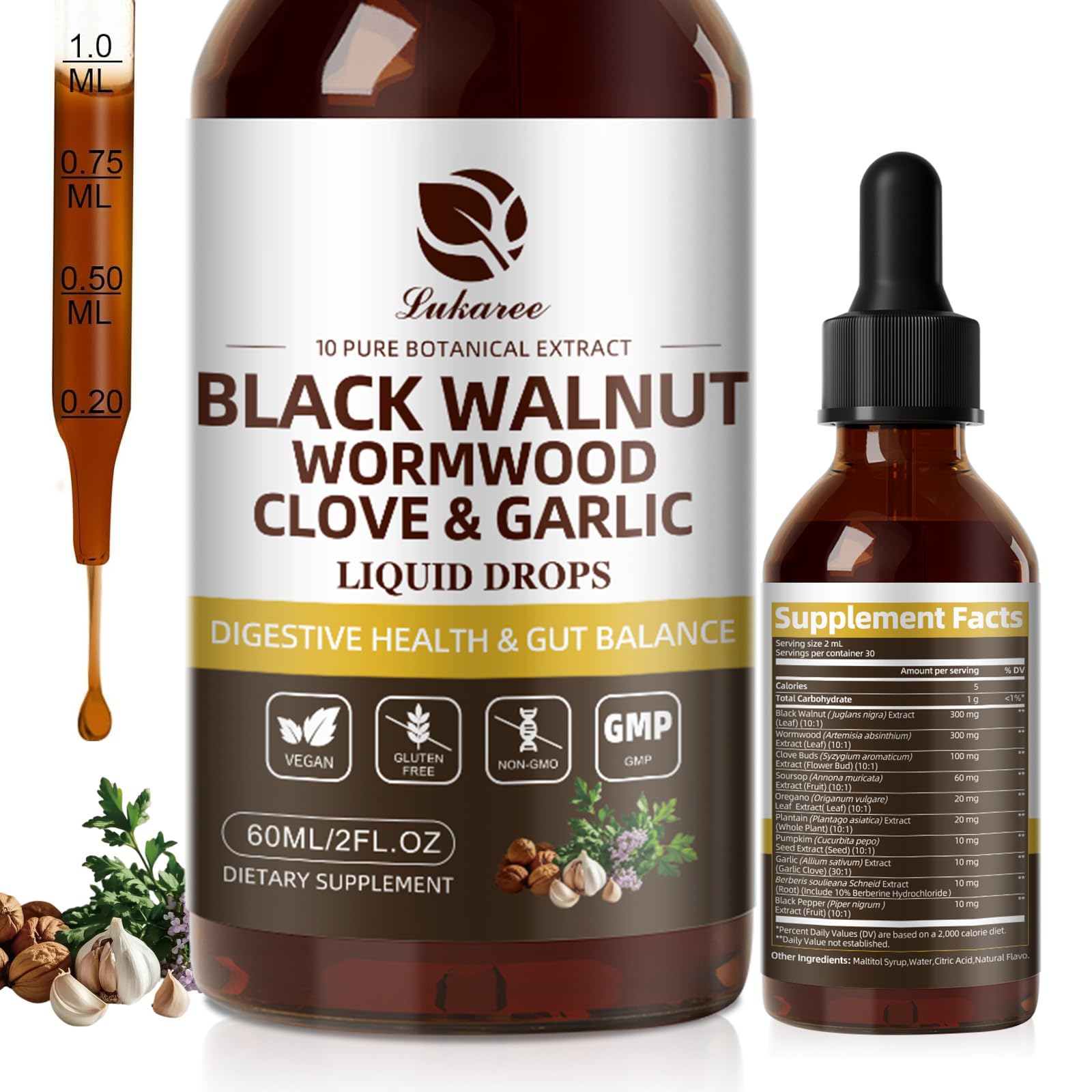 Lukaree Wormwood Black Walnut Clove Cleanse for Humans Tincture – Rapid Gut Detox & Digestive Health with Garlic Pumpkin Seeds Soursop Oregano, 10:1 Ultra-Concentrated Liposomal Tech 98% Absorption