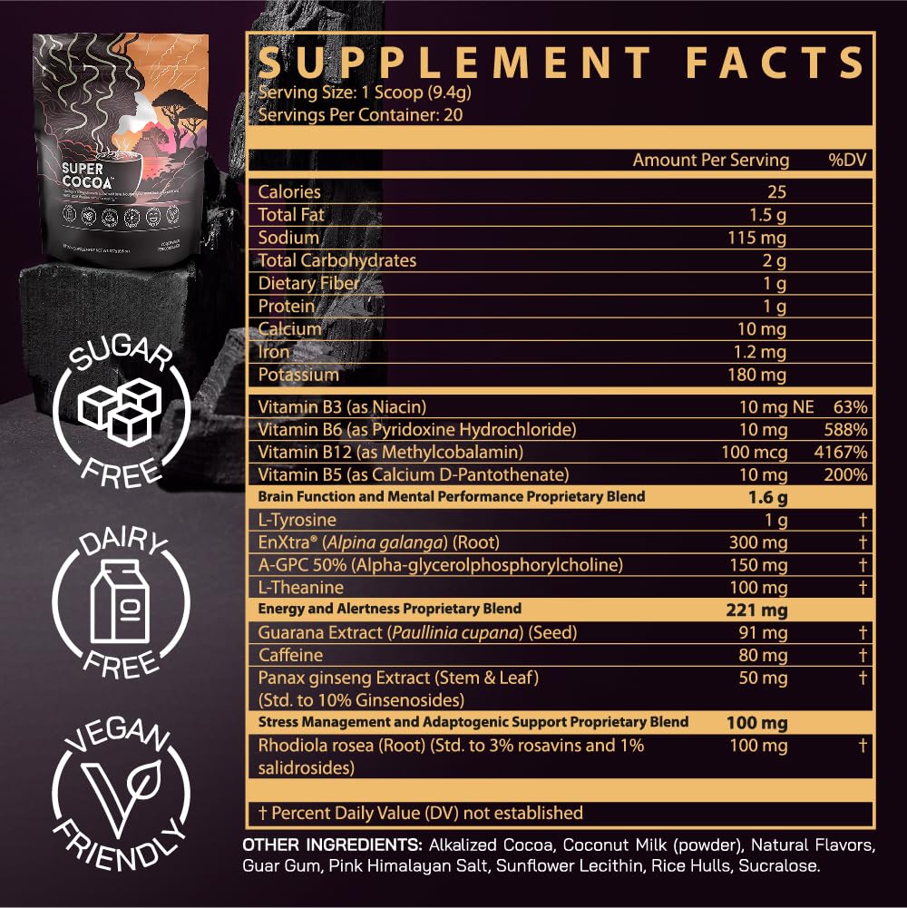 Super Cocoa Coffee Alternative Hot Chocolate Mix - Nootropics Brain Support Supplement for Memory & Focus - Mushroom Coffee Substitute - Dairy Free, Sugar Free,
