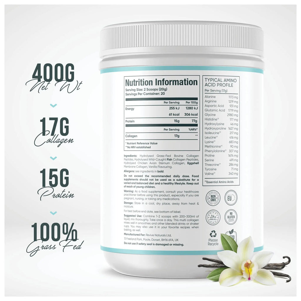 Vanilla Multi Collagen Protein Powder - 400g - Unsweetened - 5 Types of Collagen Peptides Revive Naturals Au supplements
