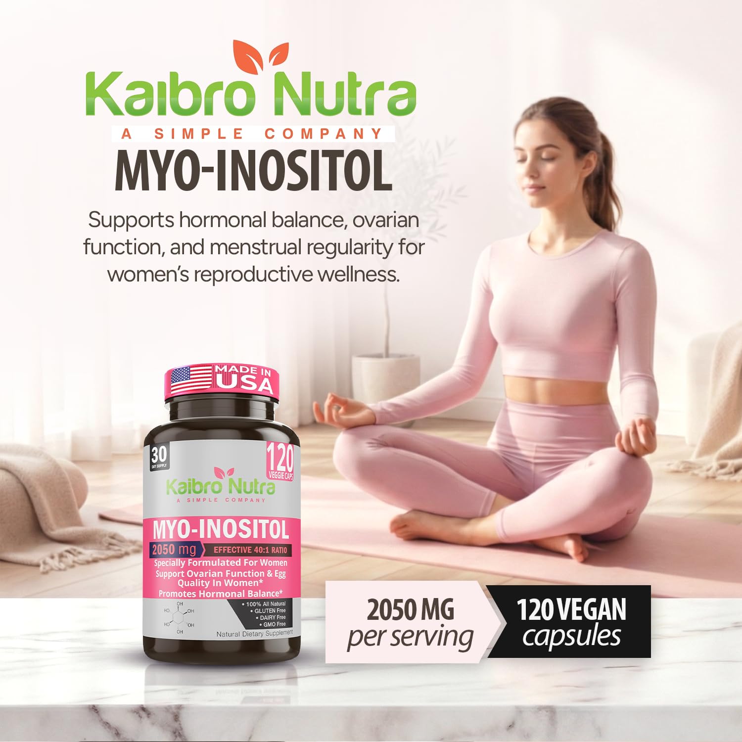 Kaibro Nutra Myo-Inositol Supplement, Myo-Inositol & D-Chiro Inositol 40:1 Ratio, Hormone Balance & Ovarian Support for Women with Vitamin B8, 2050mg, Vegan, Non-GMO Capsules 120 Count Kaibro Nutra Au supplements