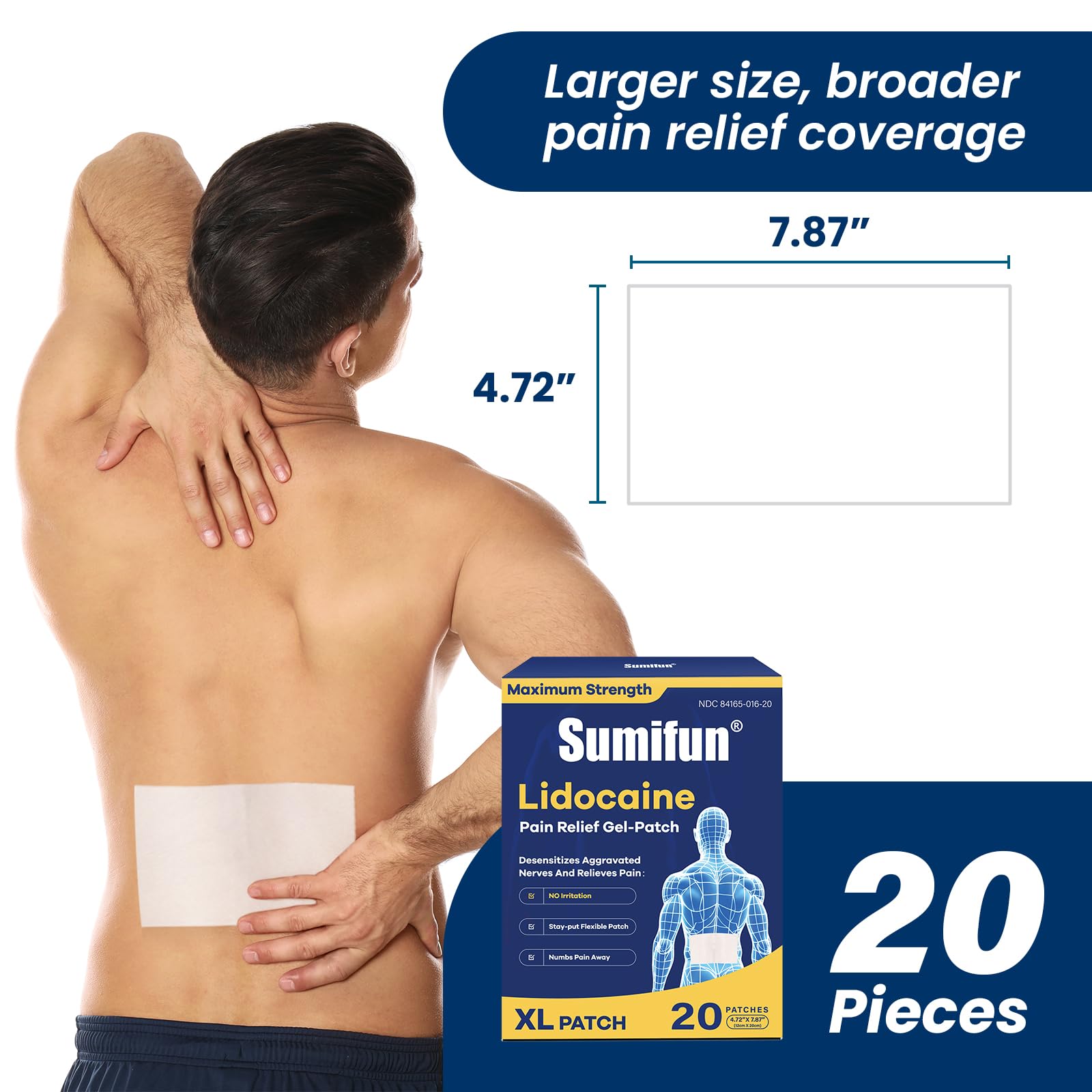 Sumifun XL Lidocaine Patches for Pain Relief, 4% Lidocaine Maximum Strength OTC, Extra Large 4.72"x7.87" for Full Back Pain Patches & Large Areas (Extra Large, Count, 20) Sumifun Au supplements