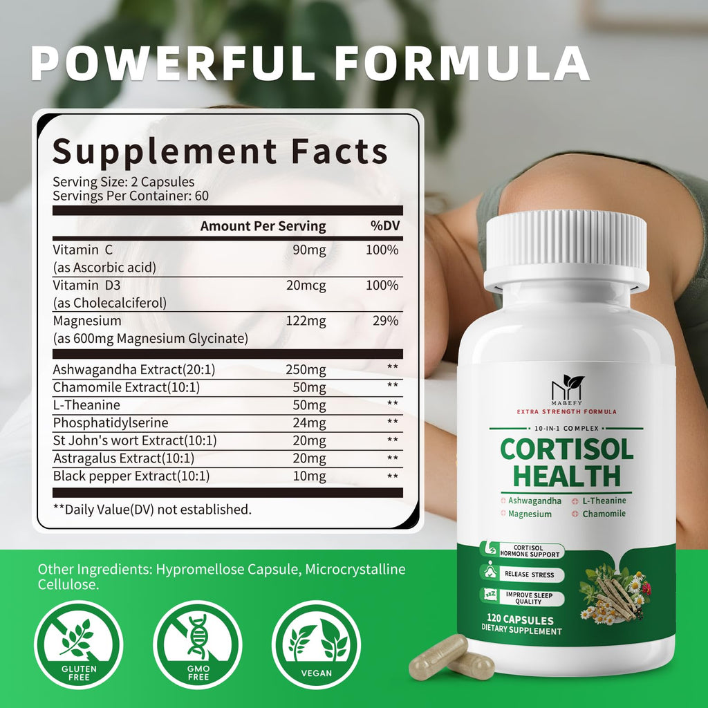 MABEFY Cortisol Supplements for Women/Men - 10 in 1 Cortisol Manager Reducer Lower Detox Balance with Magnesium, Ashwagandha, L-Theanine for Stress, Sleep, Calm, Mood Support - 60 Capsules for 30 Days MABEFY Au supplements