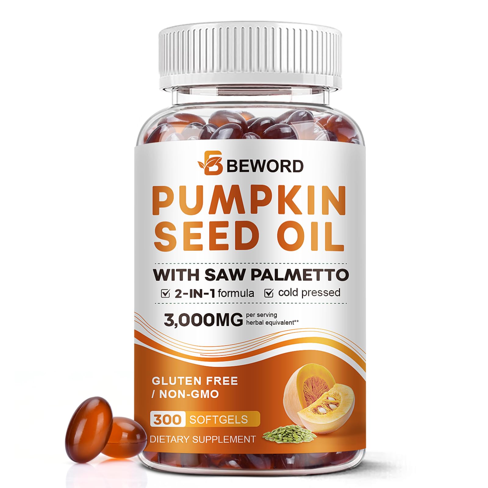 Pumpkin Seed Oil with Saw Palmetto Capsules, 3000mg/serving, 300/600 Softgels | Cold Pressed, Pure Virgin Oil, Essential Fatty Acids & Phytosterols | Supports Hair, Urinary