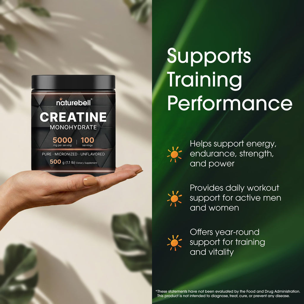 NatureBell Creatine Monohydrate Powder - 500g - Micronized Powder - Delivers 5,000mg Creatine Per Serving - Pre-Workout or Post-Workout Support*