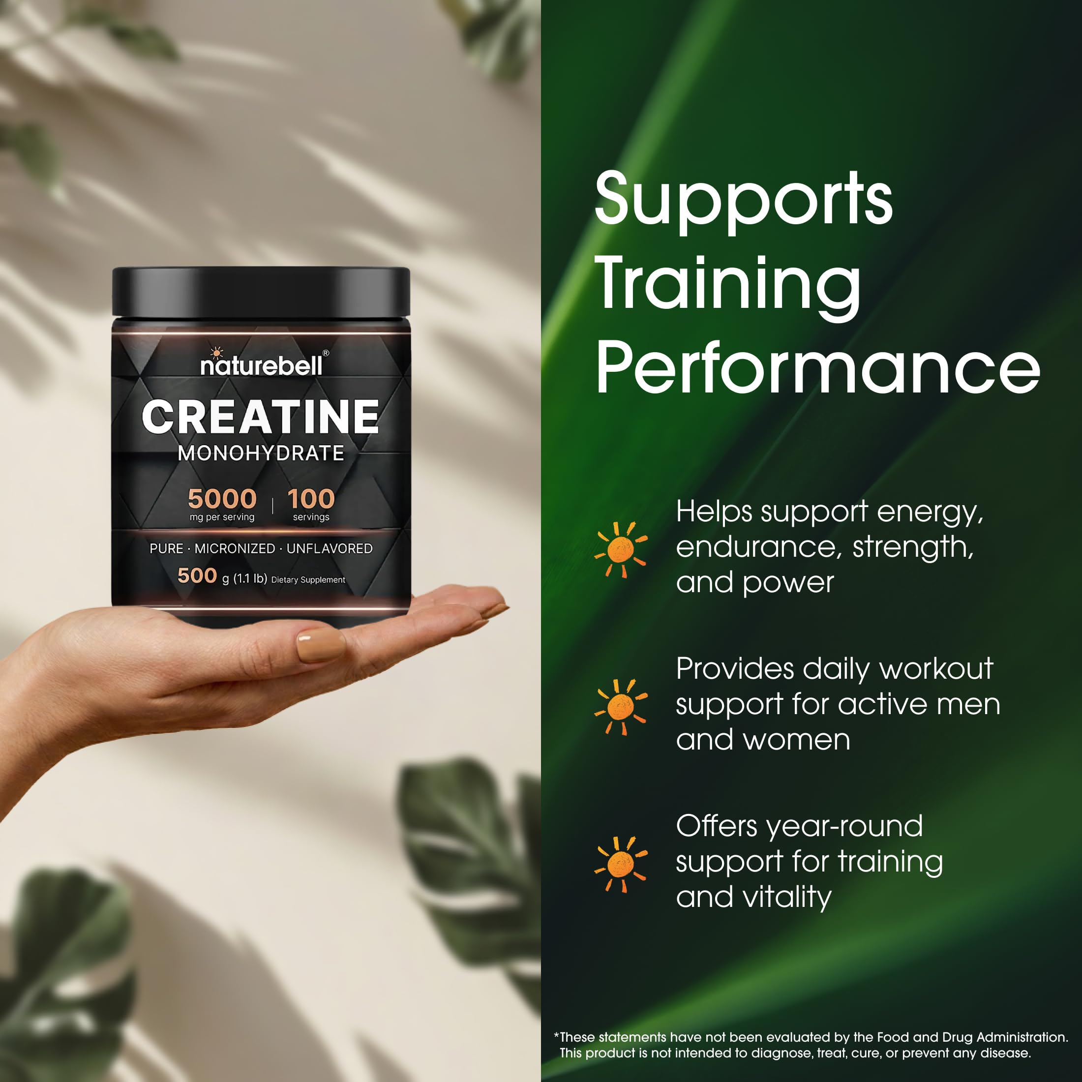 NatureBell Creatine Monohydrate Powder - 500g - Micronized Powder - Delivers 5,000mg Creatine Per Serving - Pre-Workout or Post-Workout Support*