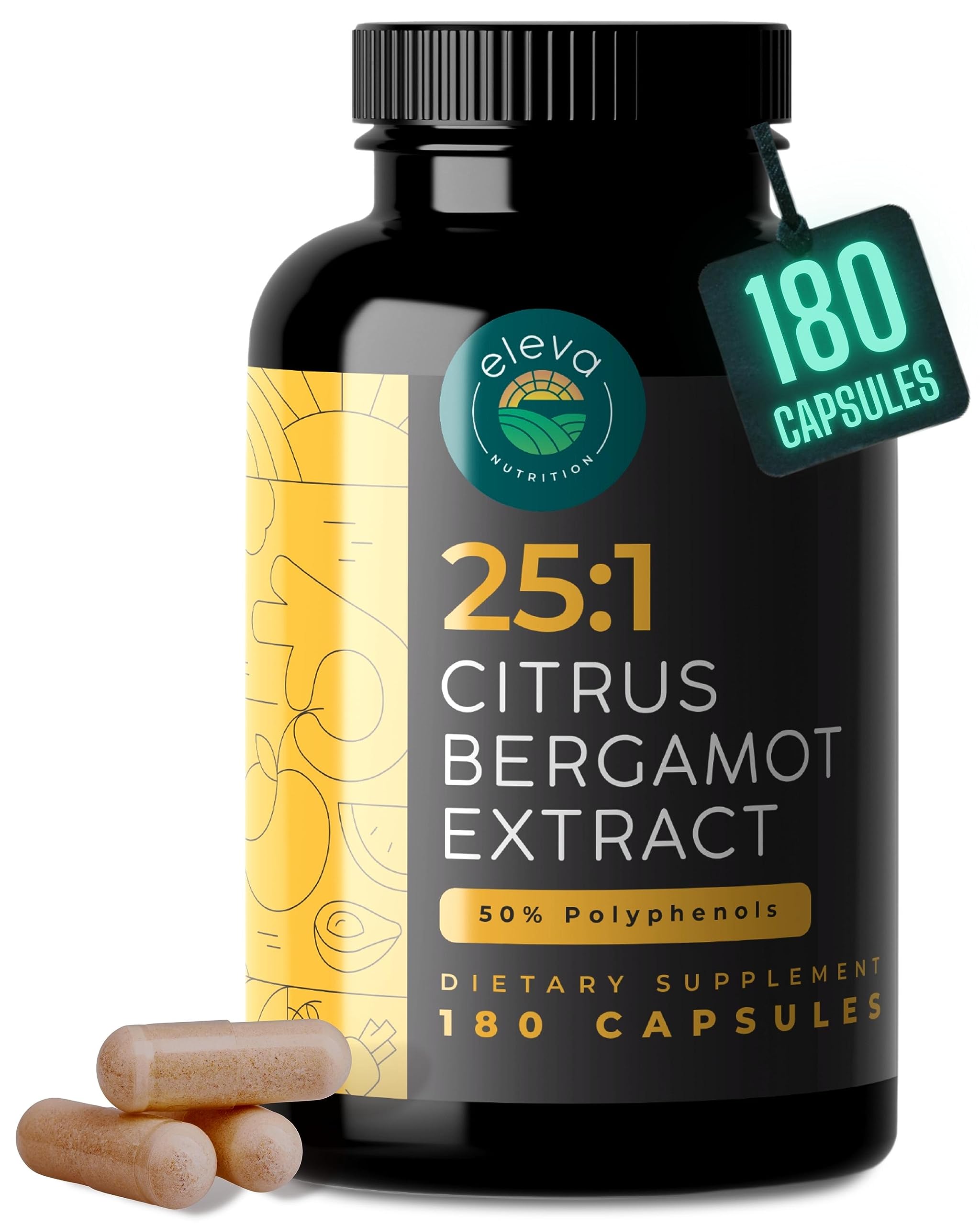 Citrus Bergamot Extract 1000mg Capsules — Natural 25:1 Citrus Bergamot Supplement with 50% Polyphenols Extract and Black Pepper