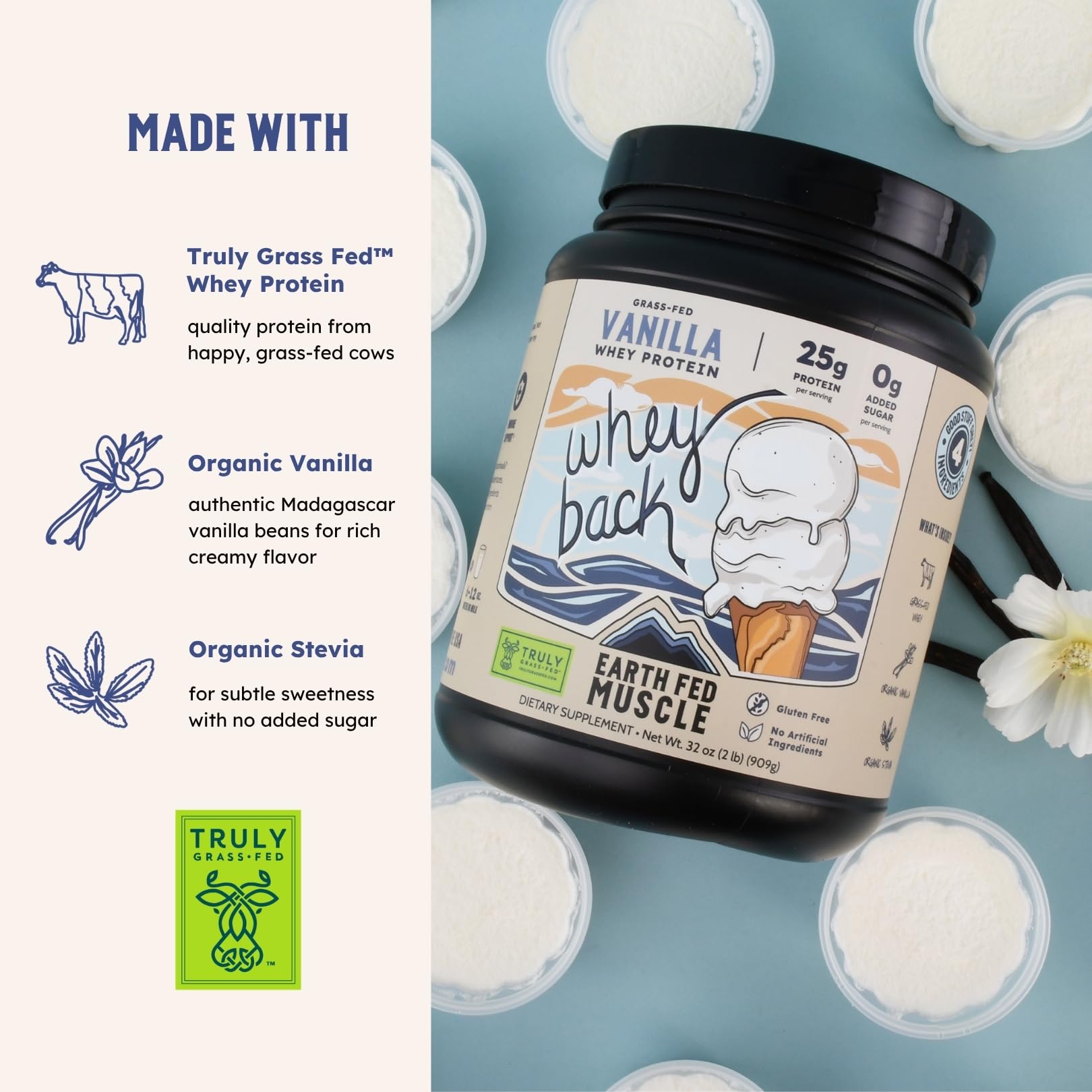 Earth Fed Muscle Whey Back Irish Grass Fed Whey Protein Isolate, Third-Party Certified. 25g Protein, Vanilla - Non-GMO, Hormone Free, Soy Free, Gluten Free - 2 LB, 29 Servings