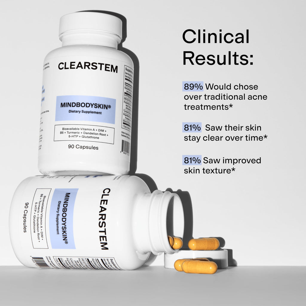 CLEARSTEM - MINDBODYSKIN Hormonal Acne Supplement (5-HTP) - Natural DIM Supplement - Skin Care Vitamins - Hormone Balance, Antioxidants - Gluten Free,