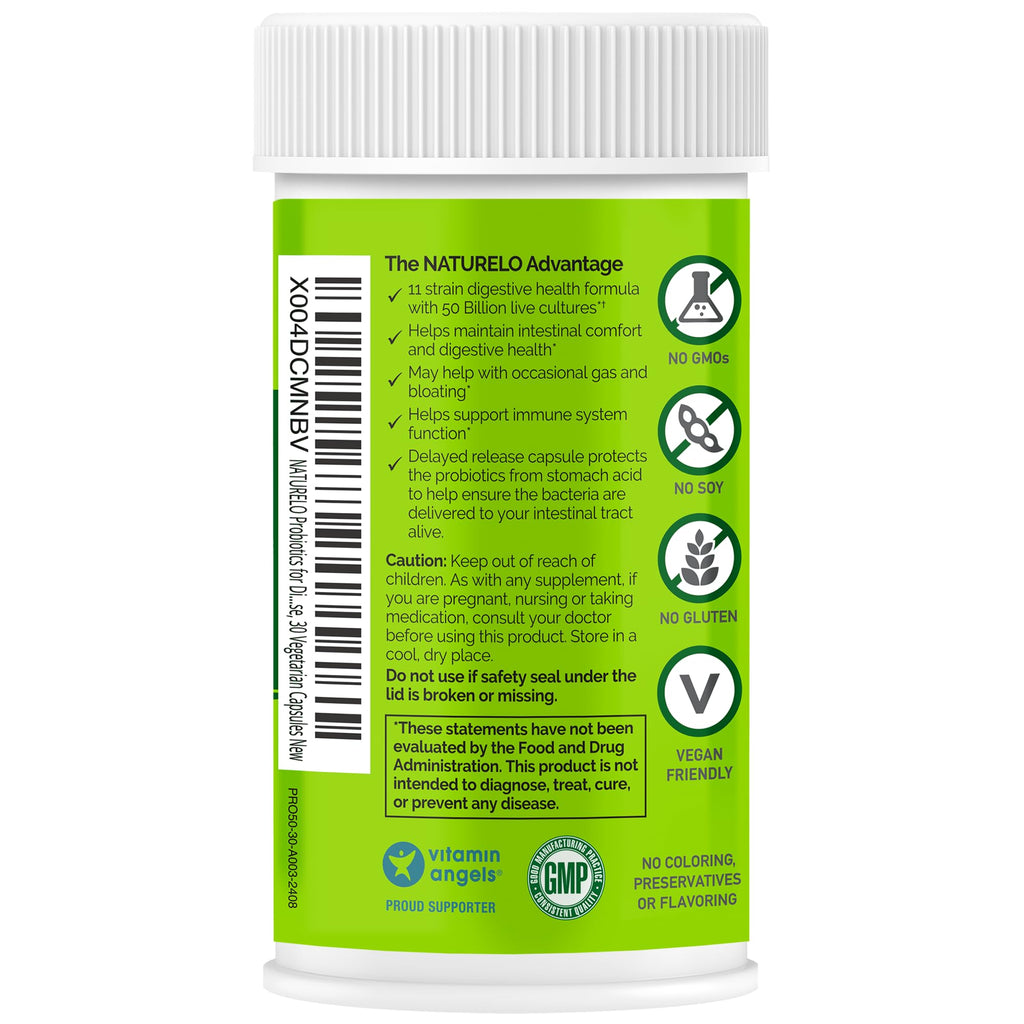 NATURELO Probiotics for Digestive Health, 50 Billion CFU, 30 Vegetarian Capsules, 11 Strains, Daily Use Supplement, Delayed Release, No-Fridge, Helps Boost Immune System,