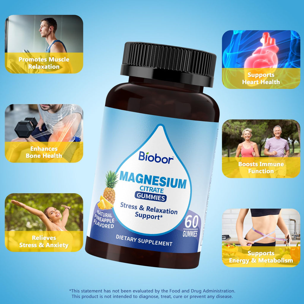 Biobor Potassium Magnesium Gummies, Magnesium Citrate & Potassium Citrate Supplements with Vitamin D3, B6 for Electrolyte Balance, Muscle, Leg Cramps, GMO Free Gluten Free (Pineapple,60 Count) Biobor Au supplements